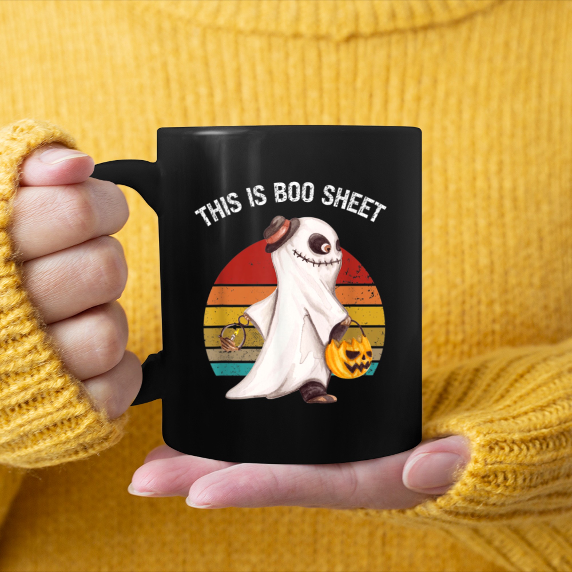 This Is Boo Sheet Ghost Retro Sunset Halloween Men Women Kid mug black