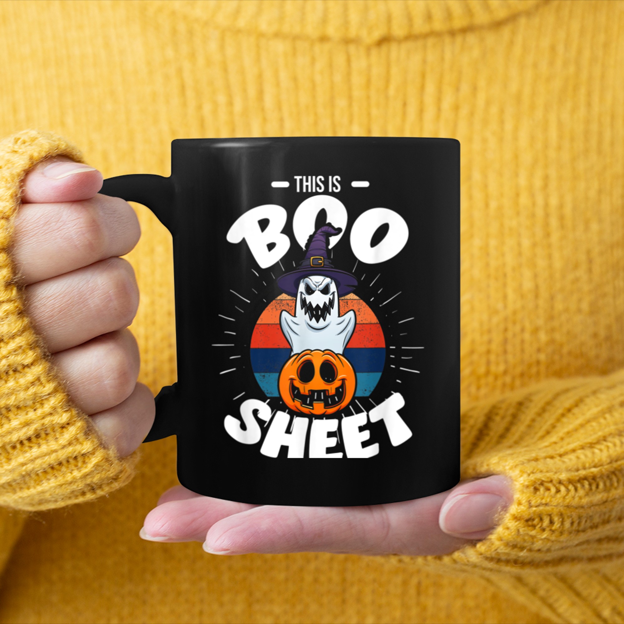 This Is Boo Sheet Vintage Halloween Ghost Costume mug black