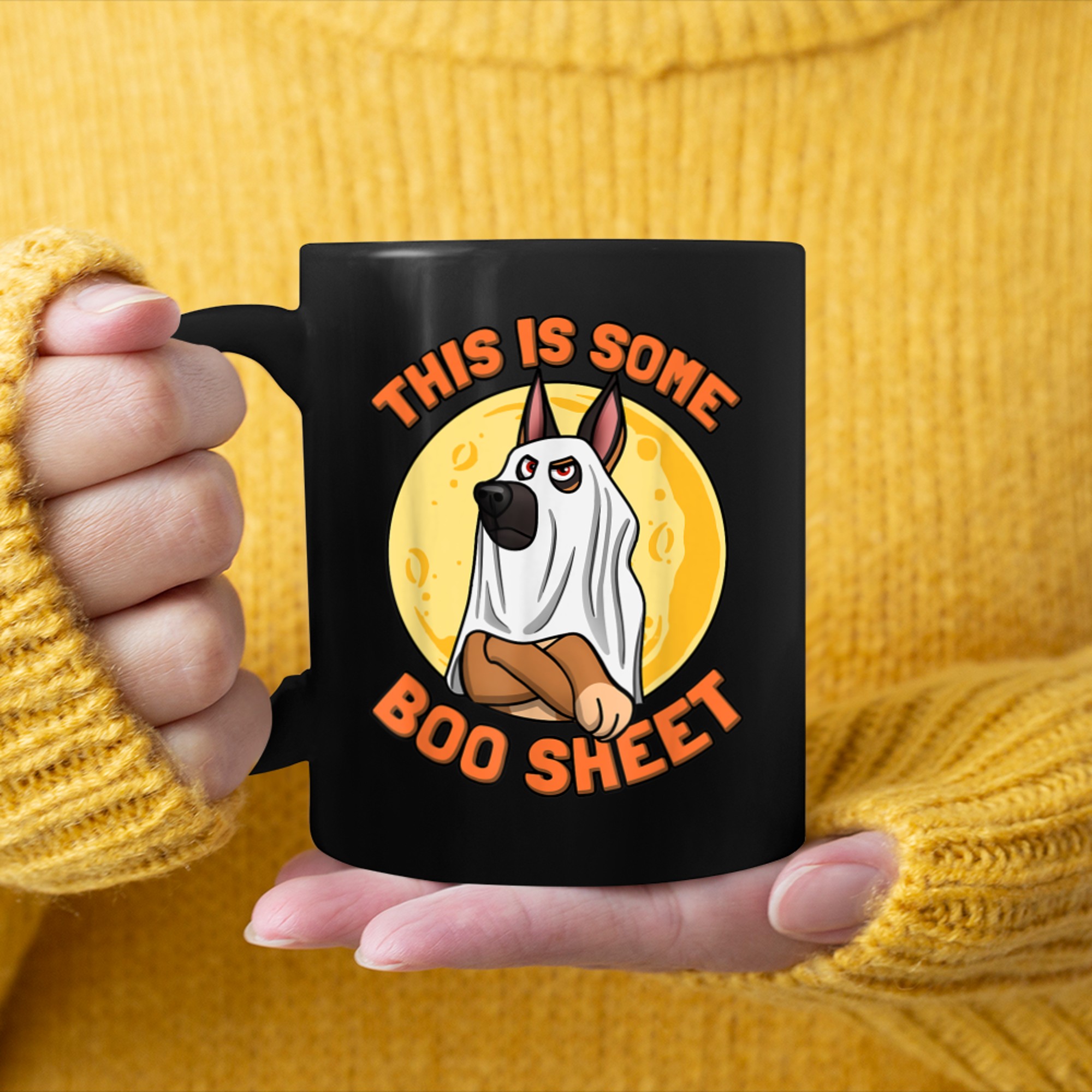 This is some Boo Sheet German Shepherd Halloween moon mug black