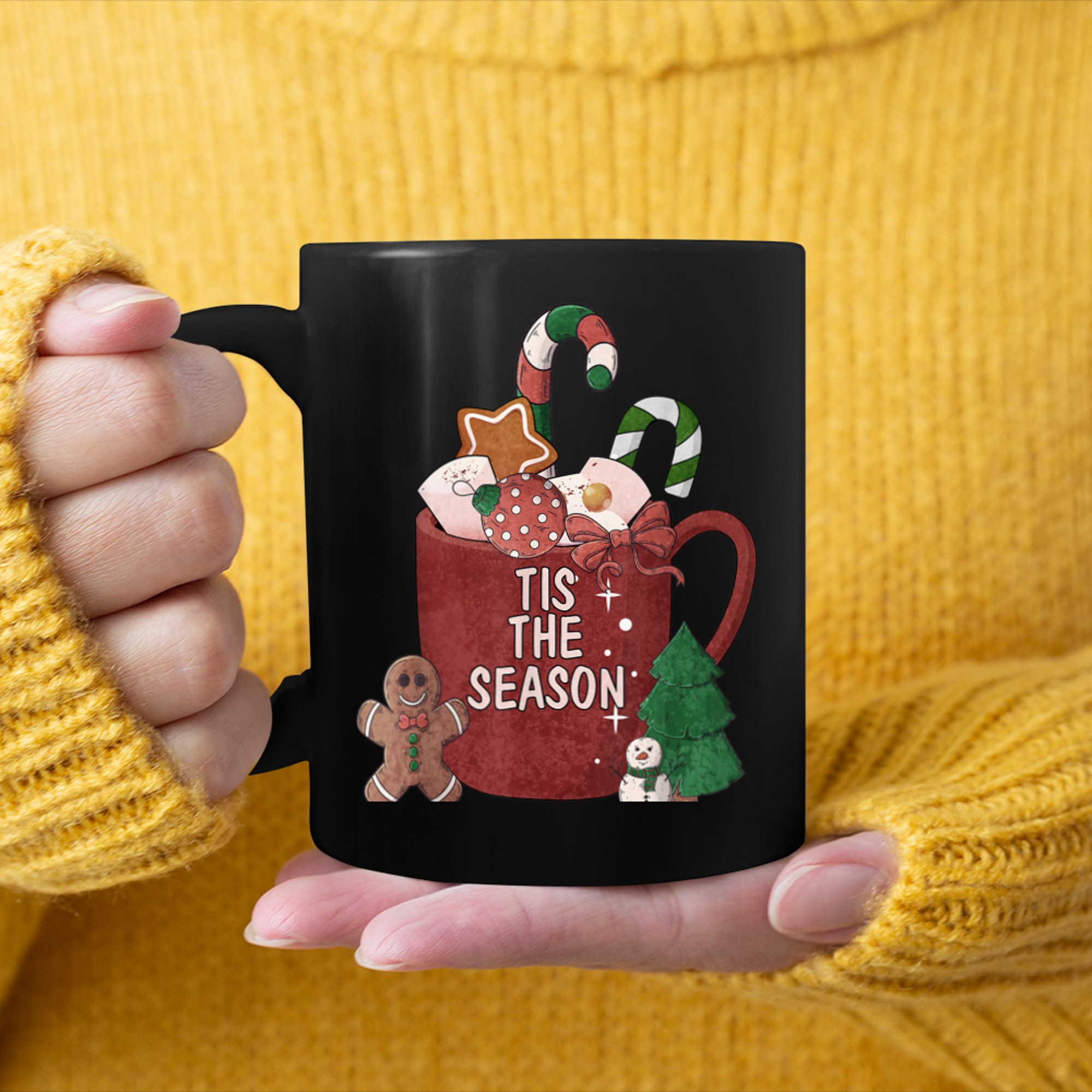 Tis The Season Hot Cocoa Gingerbread Snowman Christmas Tree mug black