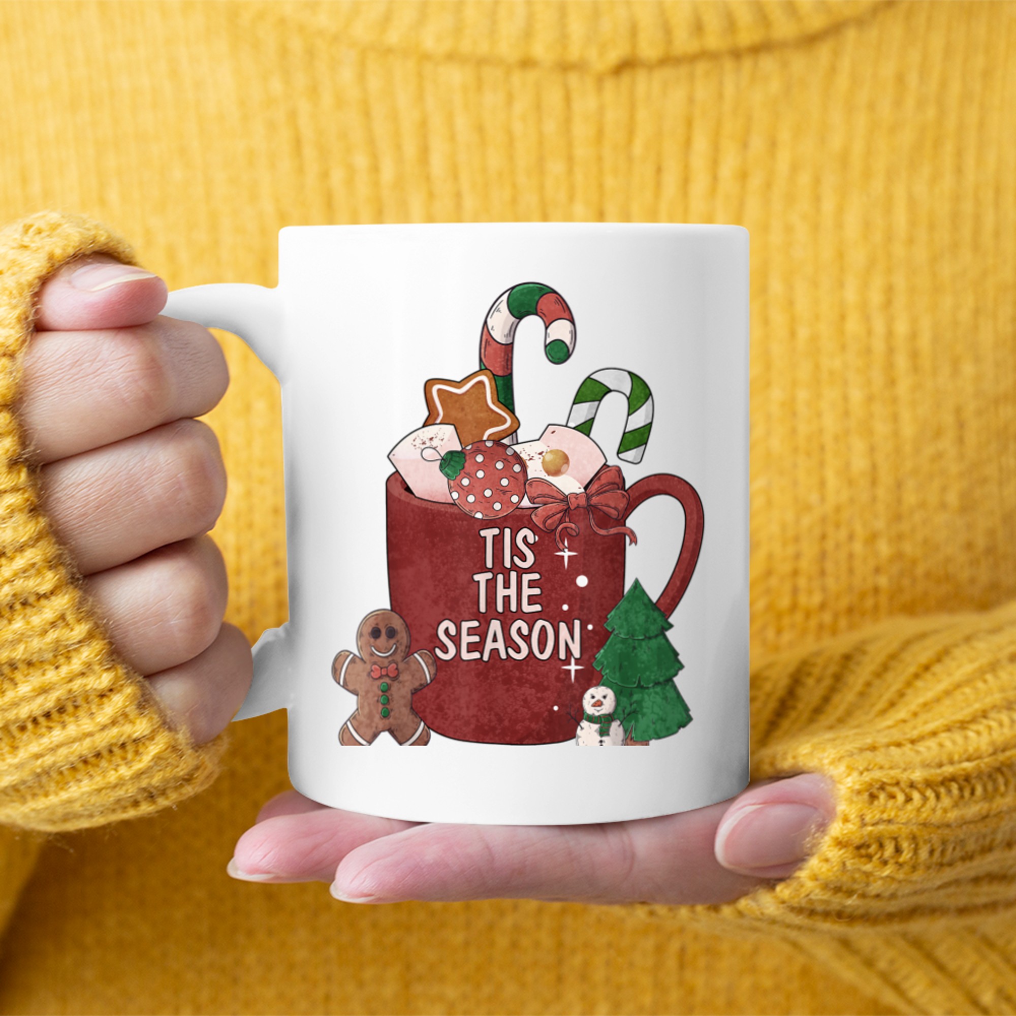 Tis The Season Hot Cocoa Gingerbread Snowman Christmas Tree mug white