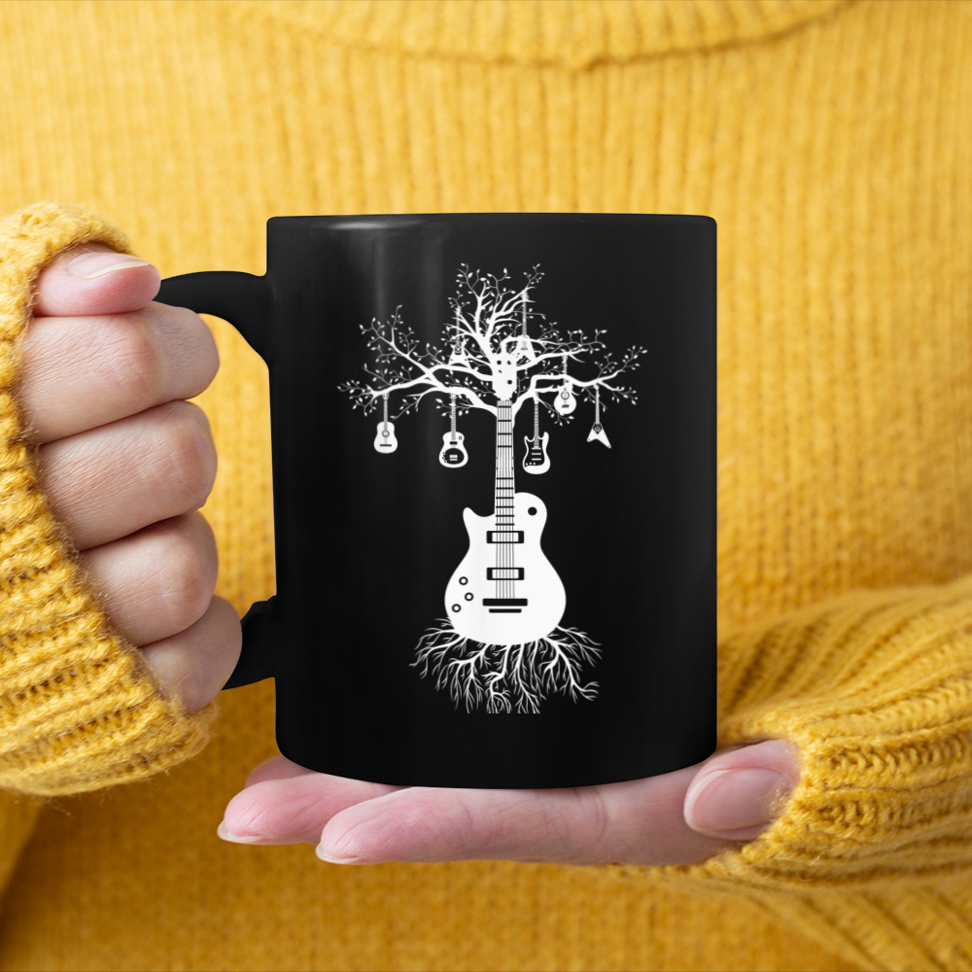 Acoustic Guitar of Tree of Life Music, Nature Guitarist mug black