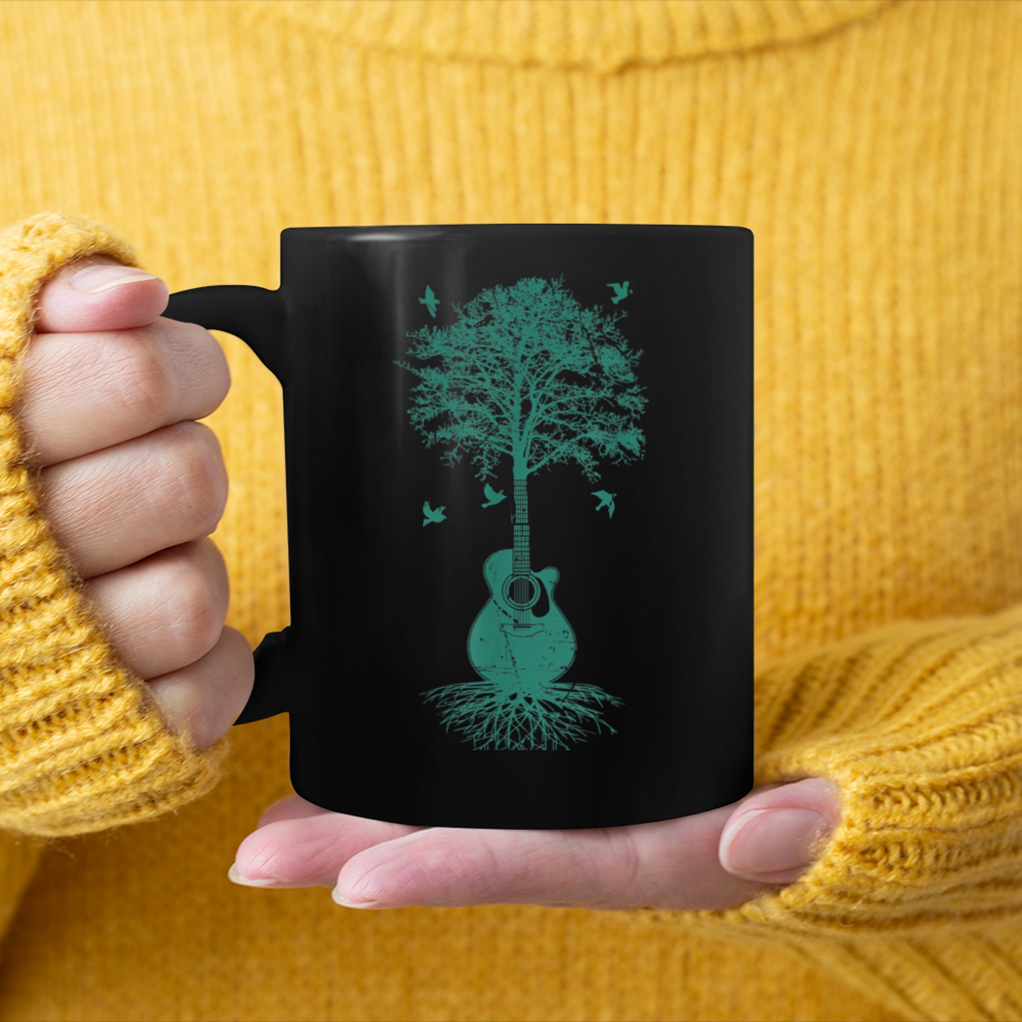 Acoustic Guitar Shirt, Guitarists Tree of Life mug black