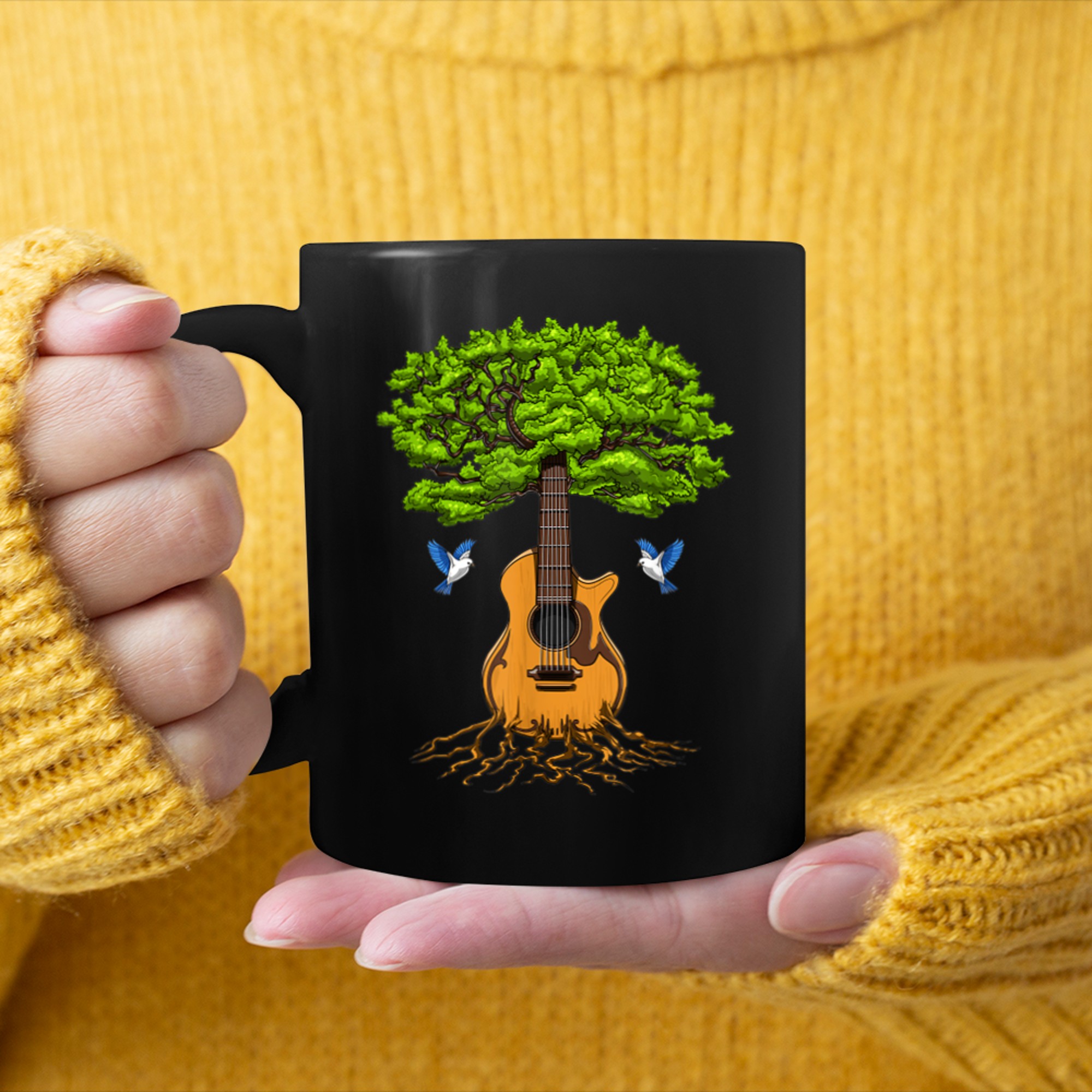 Acoustic Guitar Tree of Life T-Shirt Nature Guitarist (5) mug black