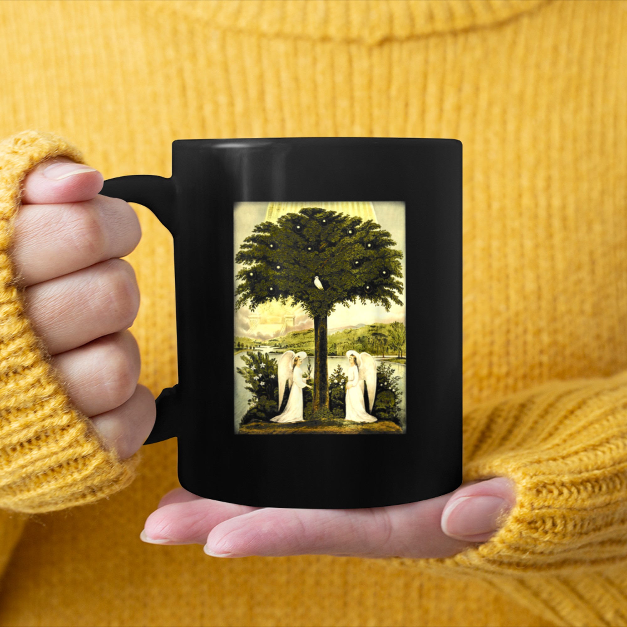 Angelic Tree of Life Cute Tree With Angels mug black