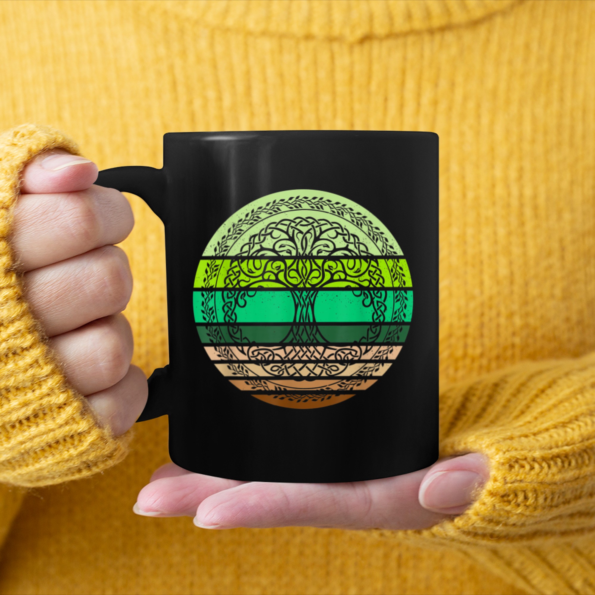 Celtic Tree of Life Retro Sun Vintage Green mug black