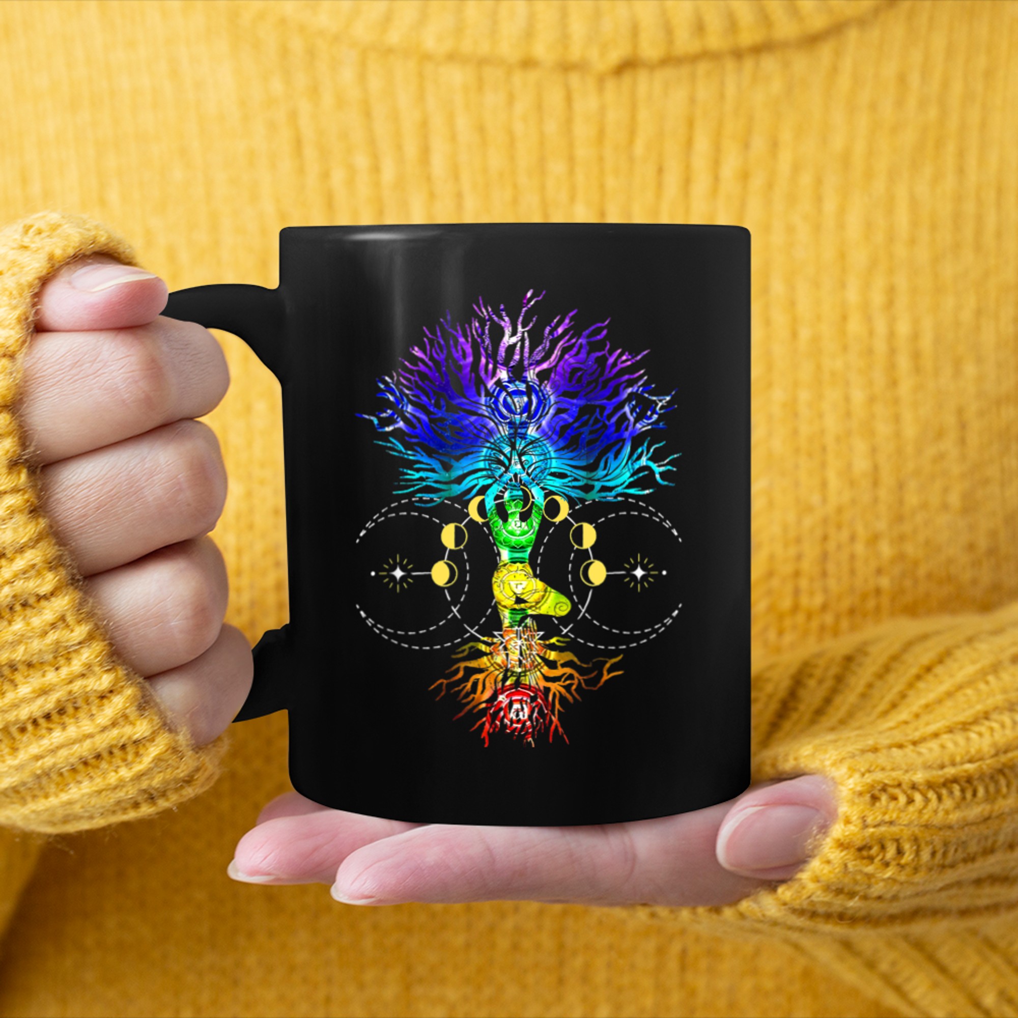 Chakra Tree of Life with Phases Of The Moon Hatha Yoga (1) mug black