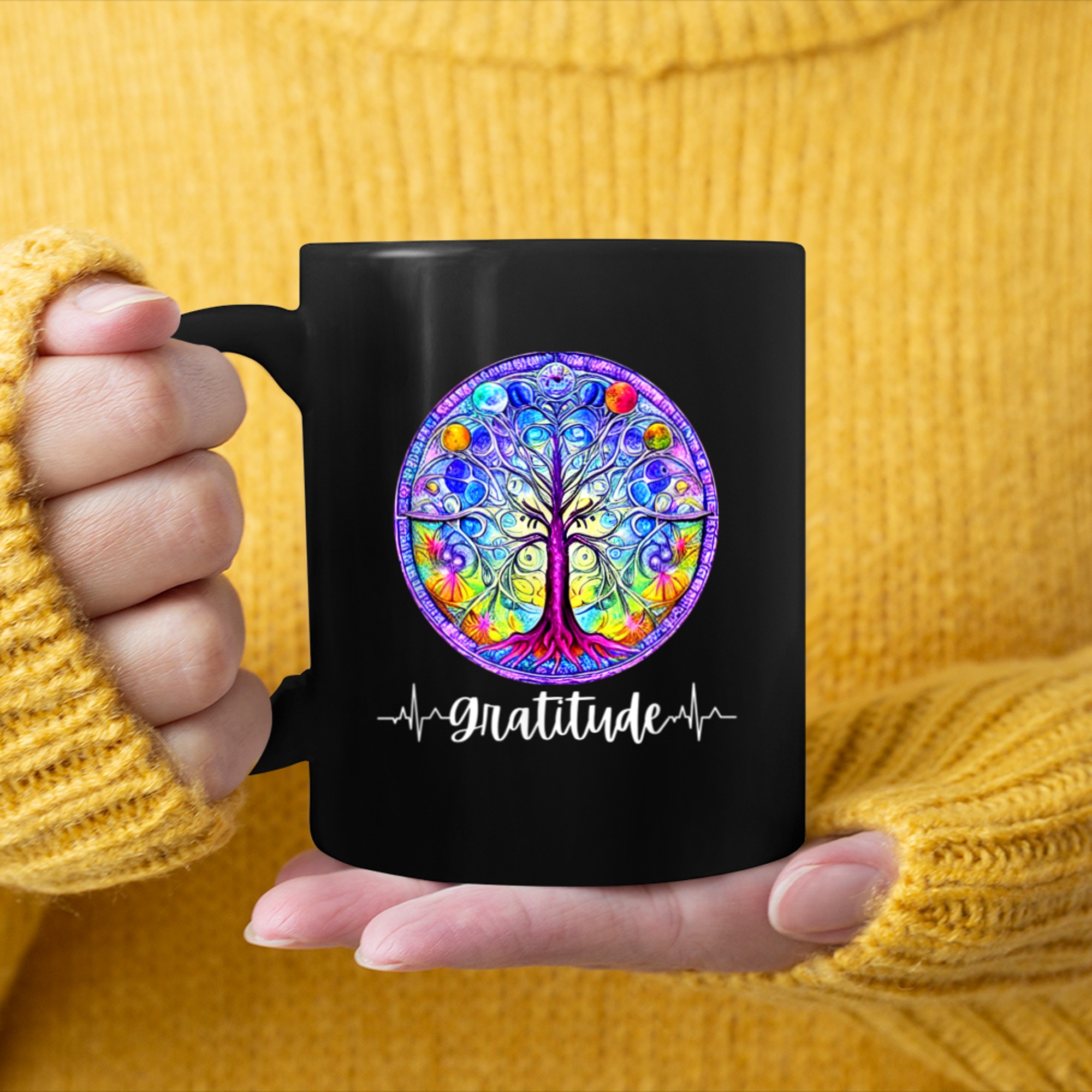 Chakra Whimsical Fantasy Tree of Life Gratitude mug black