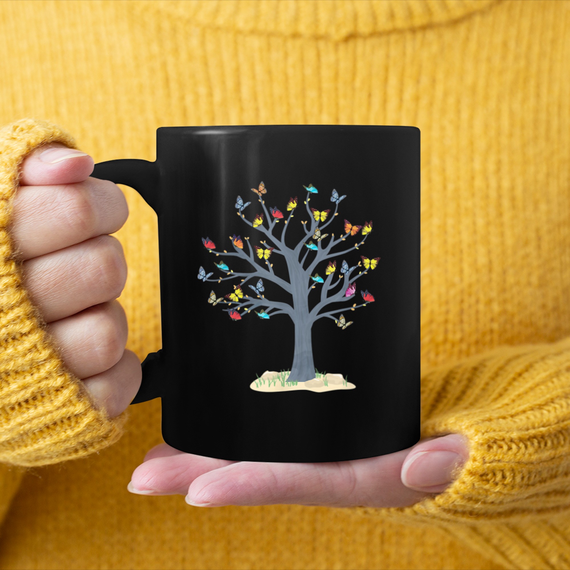 Colorful Butterfly Tree Huggers Butterflies Tree of Life mug black