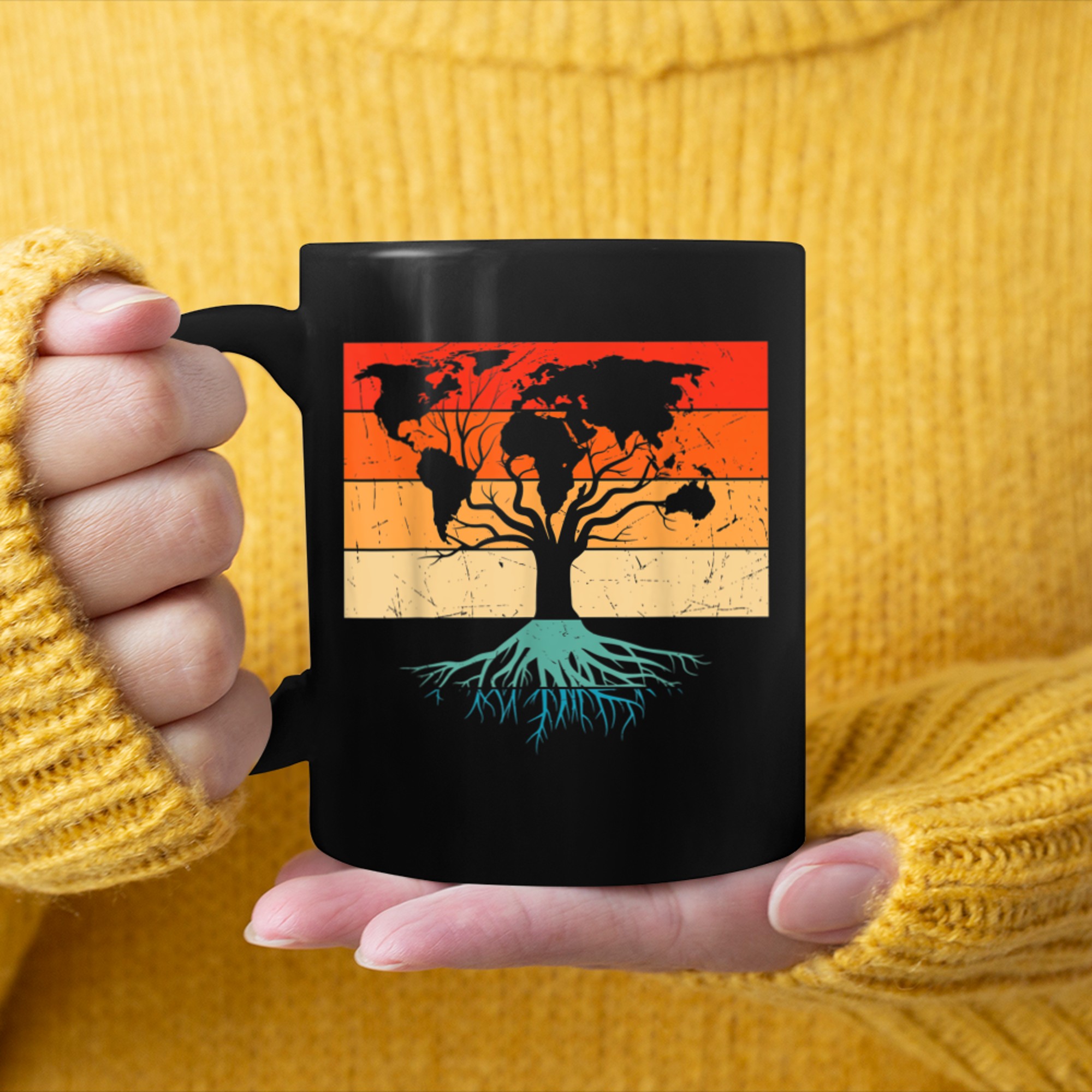 Continents Tree Of Life Retro Sunset mug black