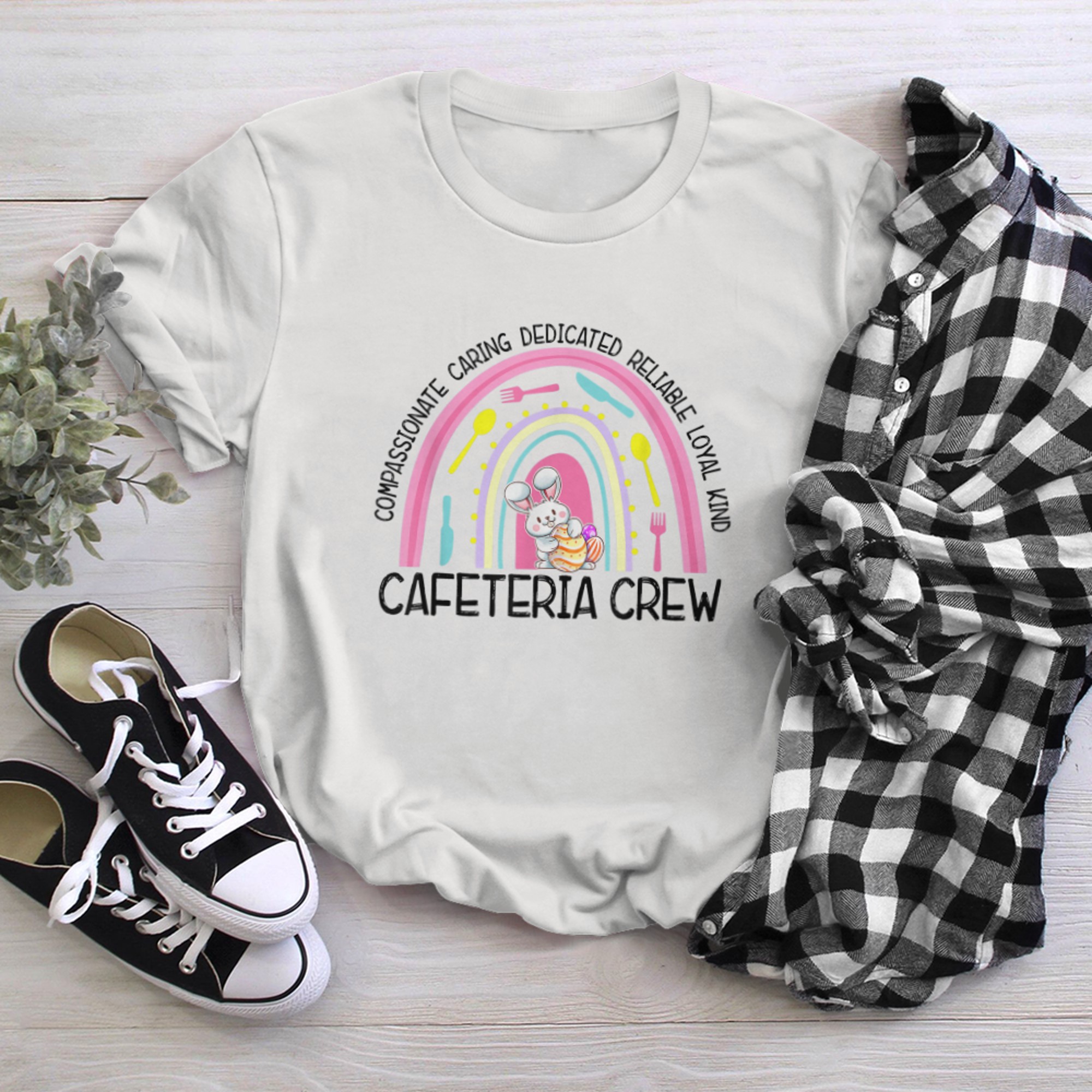 Cute Cafeteria Crew Lunch Lady Easter Bunny Rainbow t-shirt White