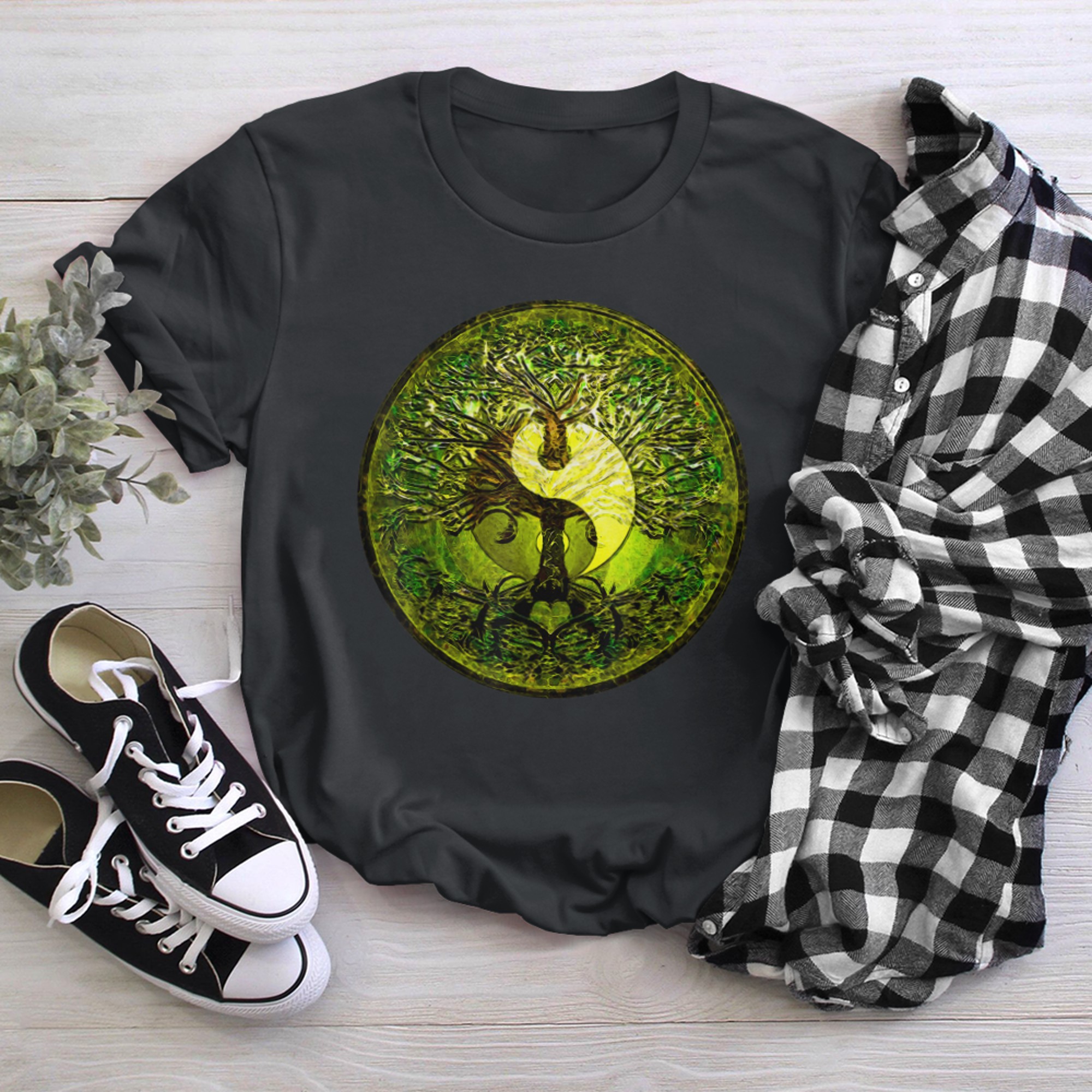 Green and Yellow Tree of Life Yin Yang with Heart at Roots t-shirt black