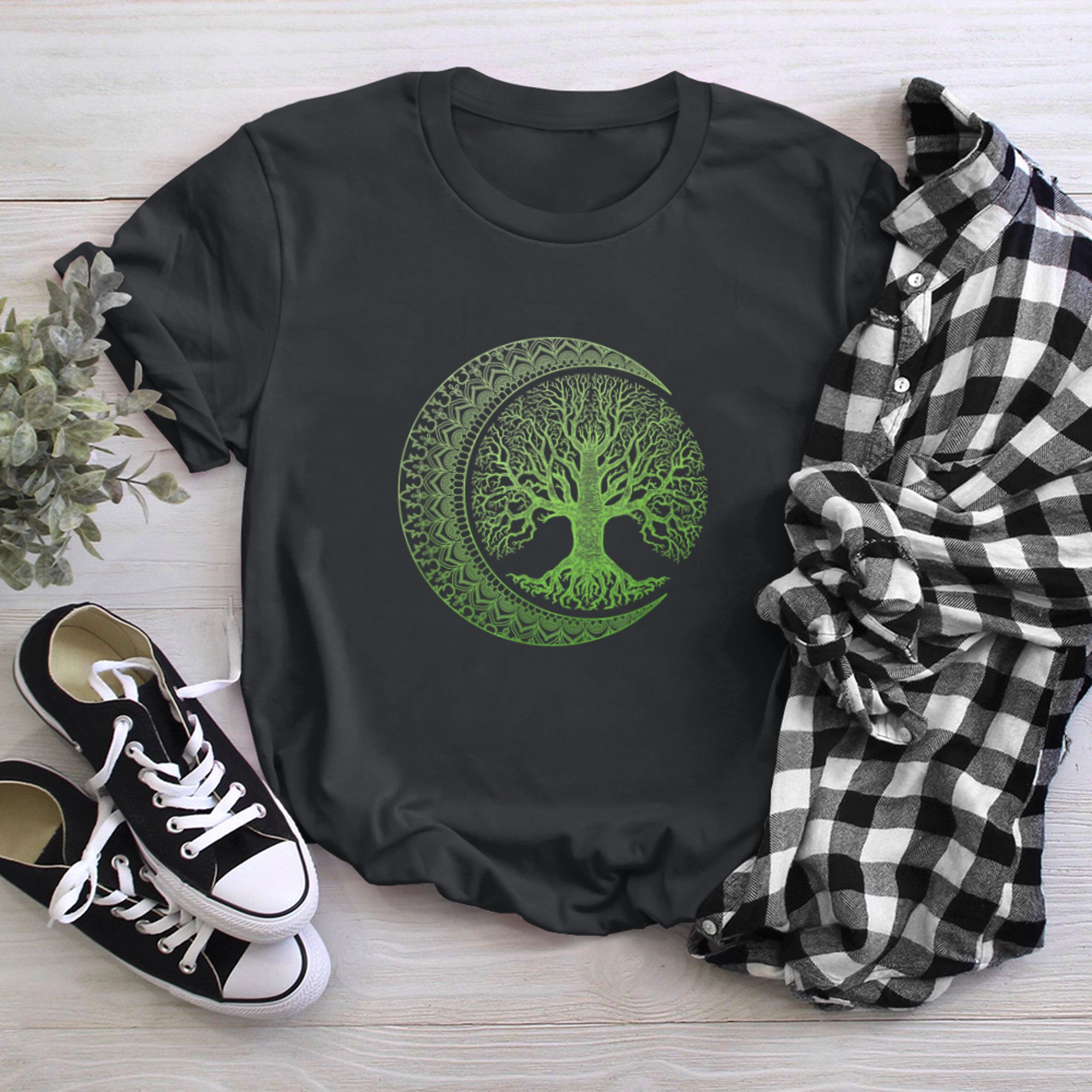 Green Tree of Life Cresent Moon Phases Mandala Yoga t-shirt black