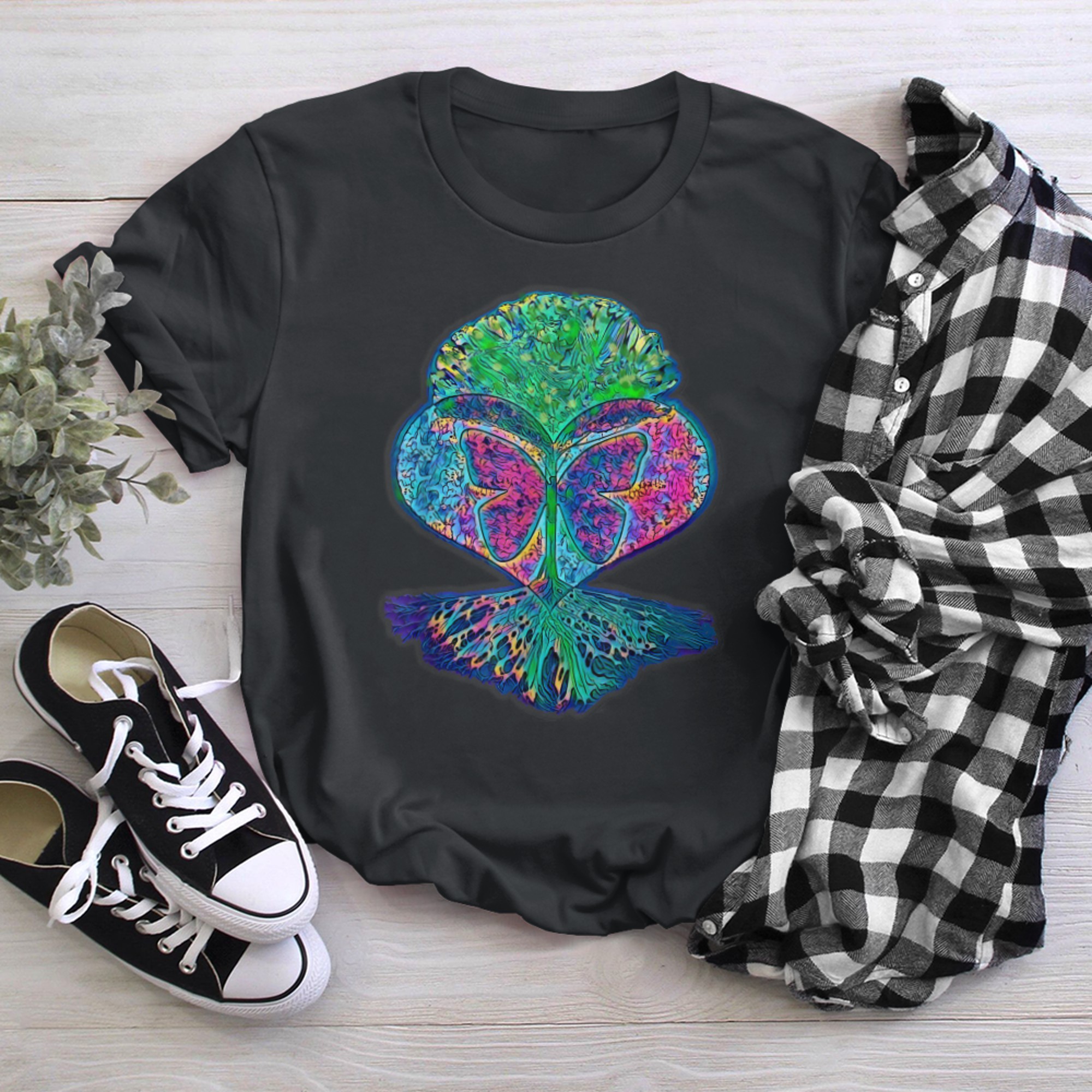 Heart, Tree of Life and Butterfly t-shirt black