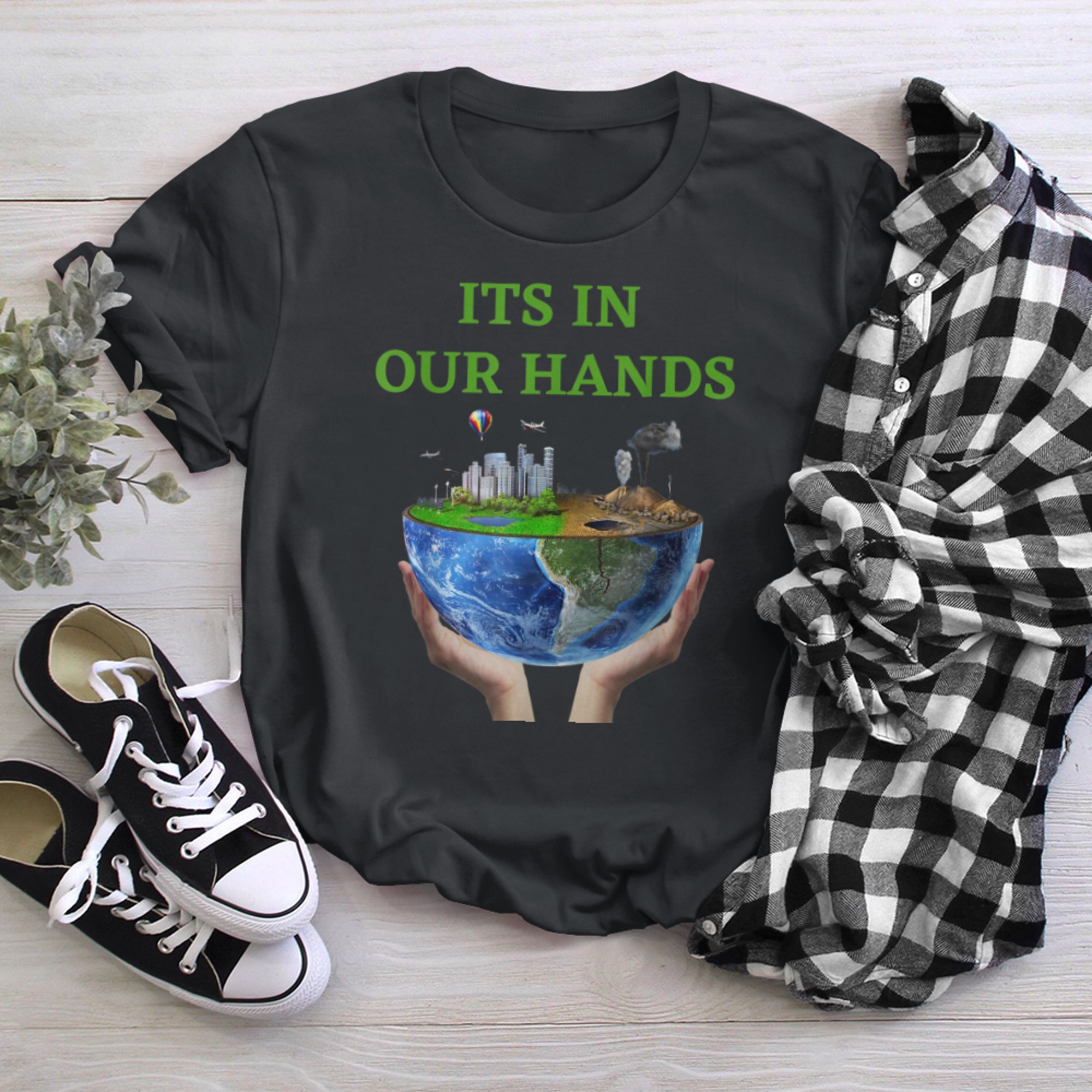 ITS IN OUR HANDS World Earth Day planet and tree of life t-shirt black