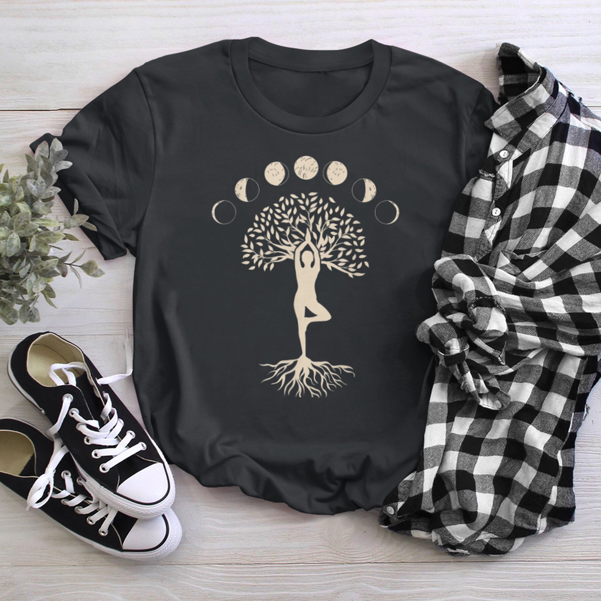 Moon Phase Tree of Life Tree Pose Yoga Woman Biohacker t-shirt black