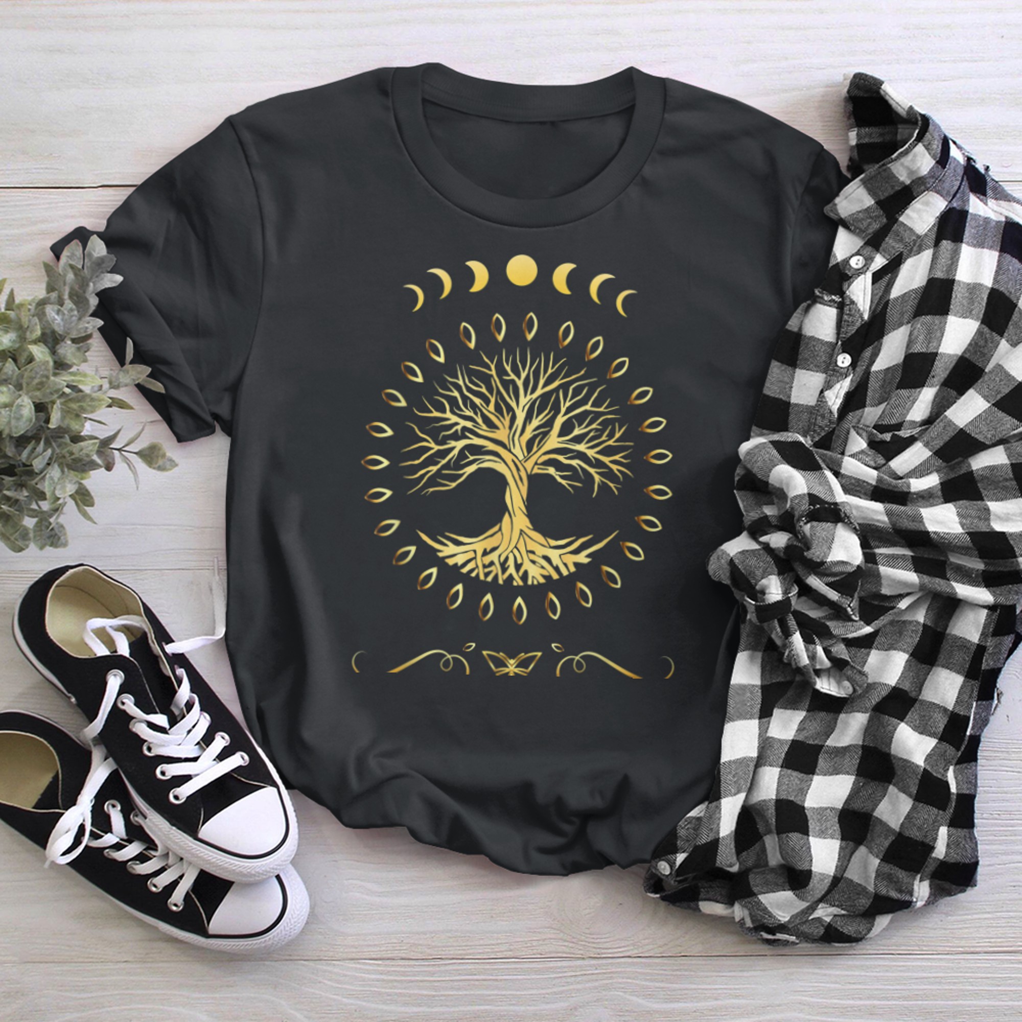 Moon Phases Tree of Mystical Life Yoga Meditation (2) t-shirt black