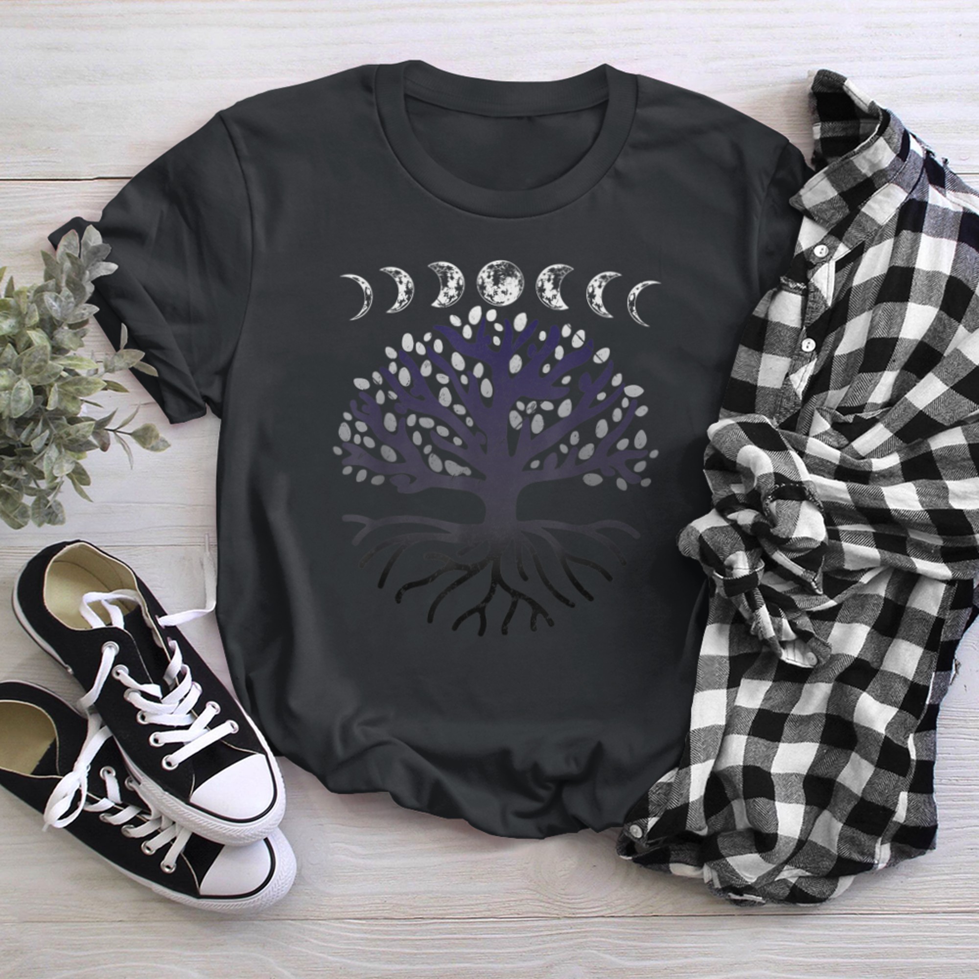 Retro Distressed Phases of the Moon Tree of Life Graphic t-shirt black