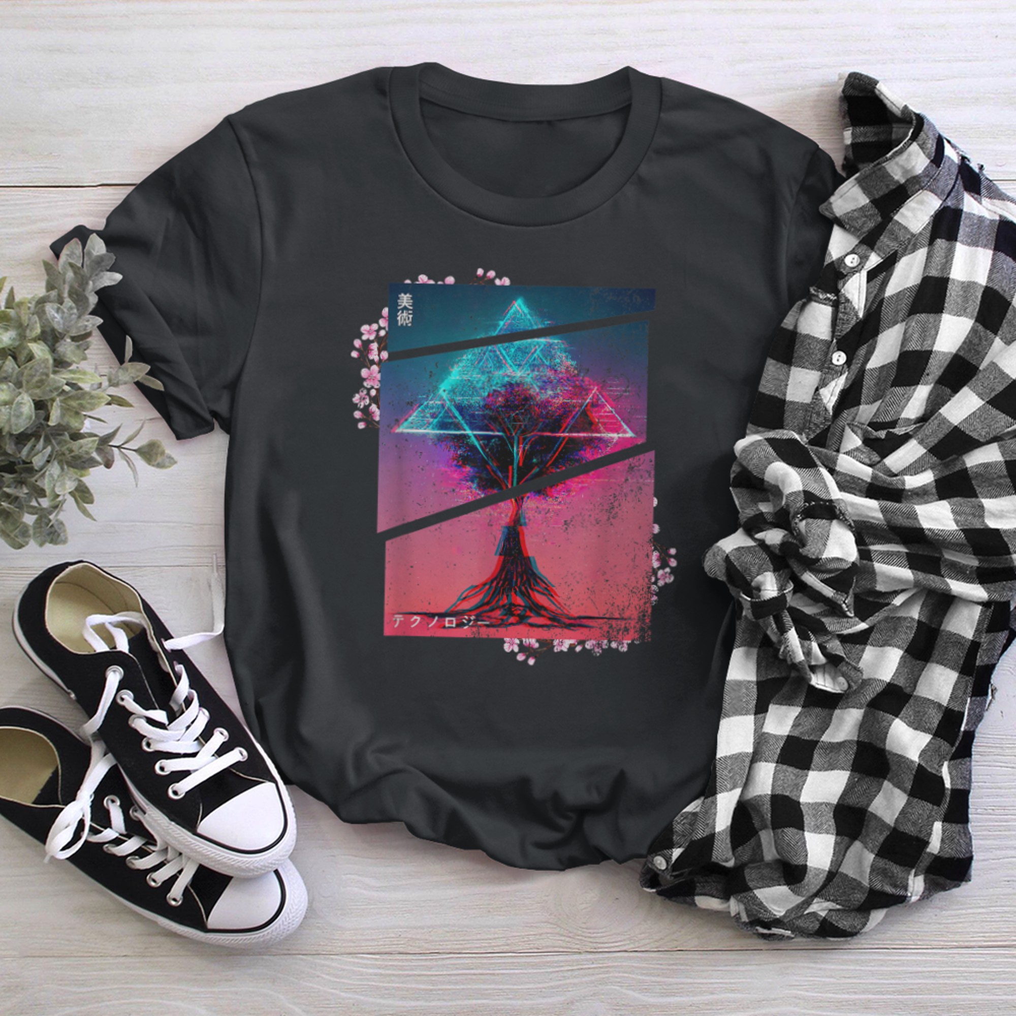 Retrowave roots of tree indie life and Lofi japan aesthetic (4) t-shirt black