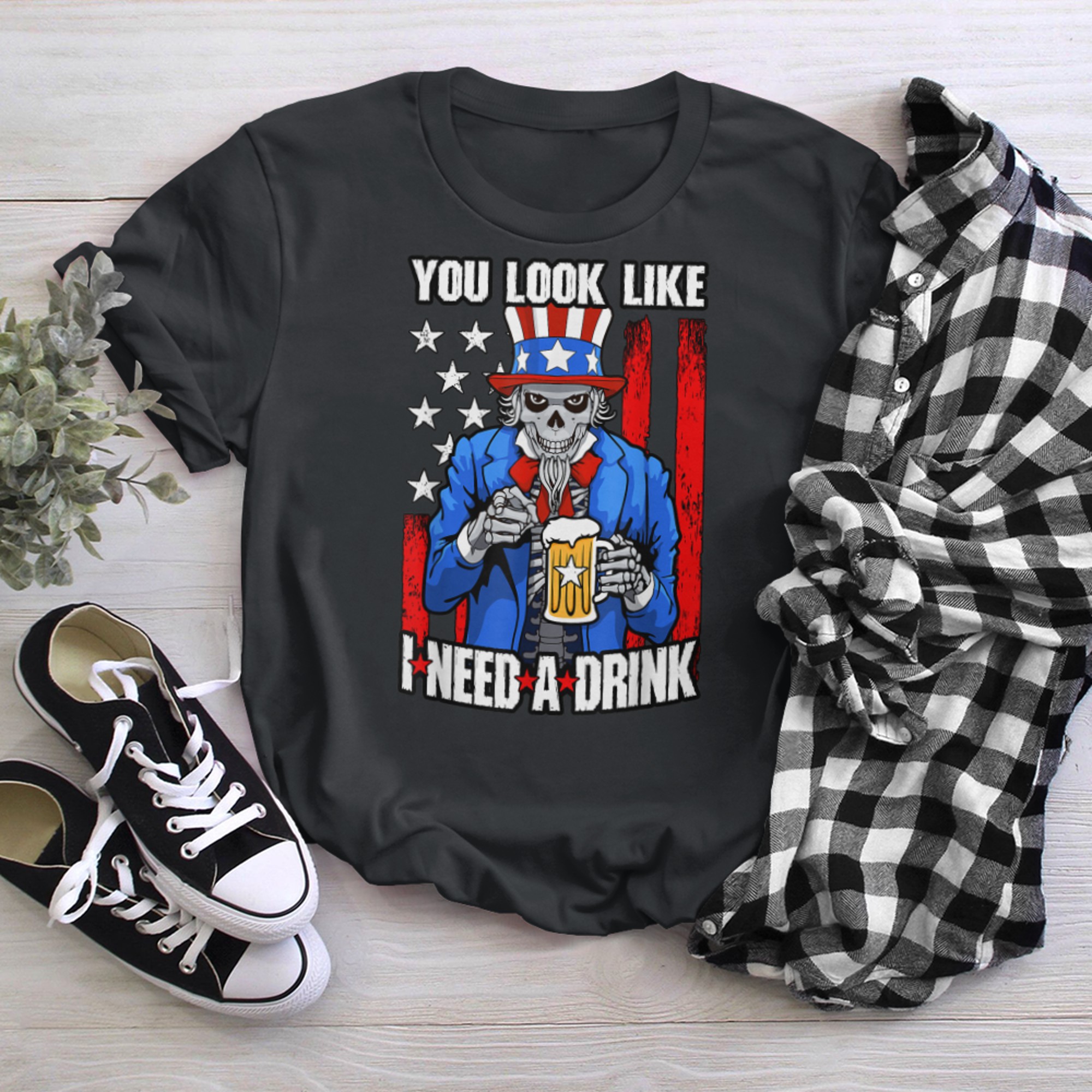 You Look Like I Need A Drink 4th Of July Uncle Sam USA Skull t-shirt black