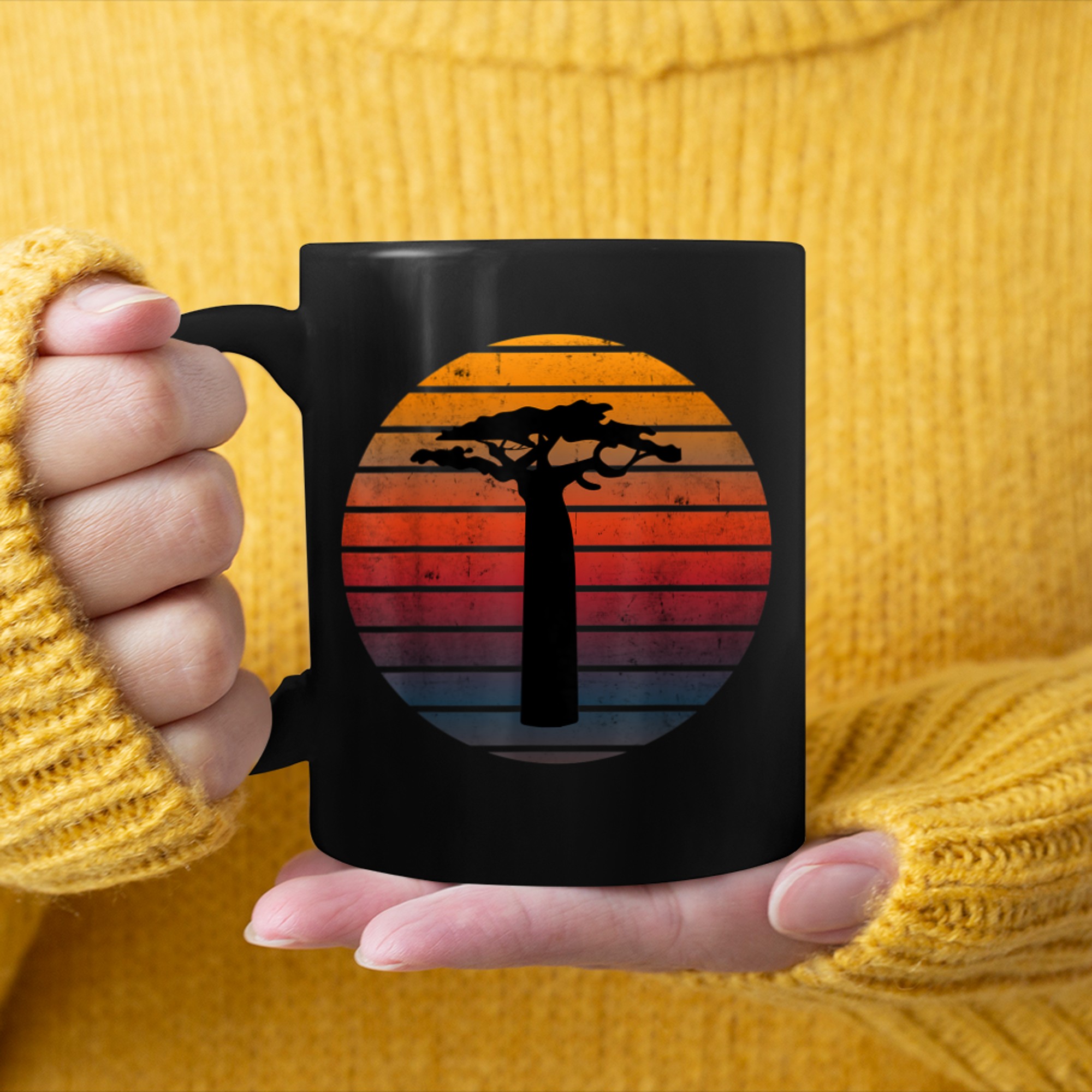 DISTRESSED AFRICAN BAOBAB TREE, THE TREE OF LIFE ON SUNSET mug black