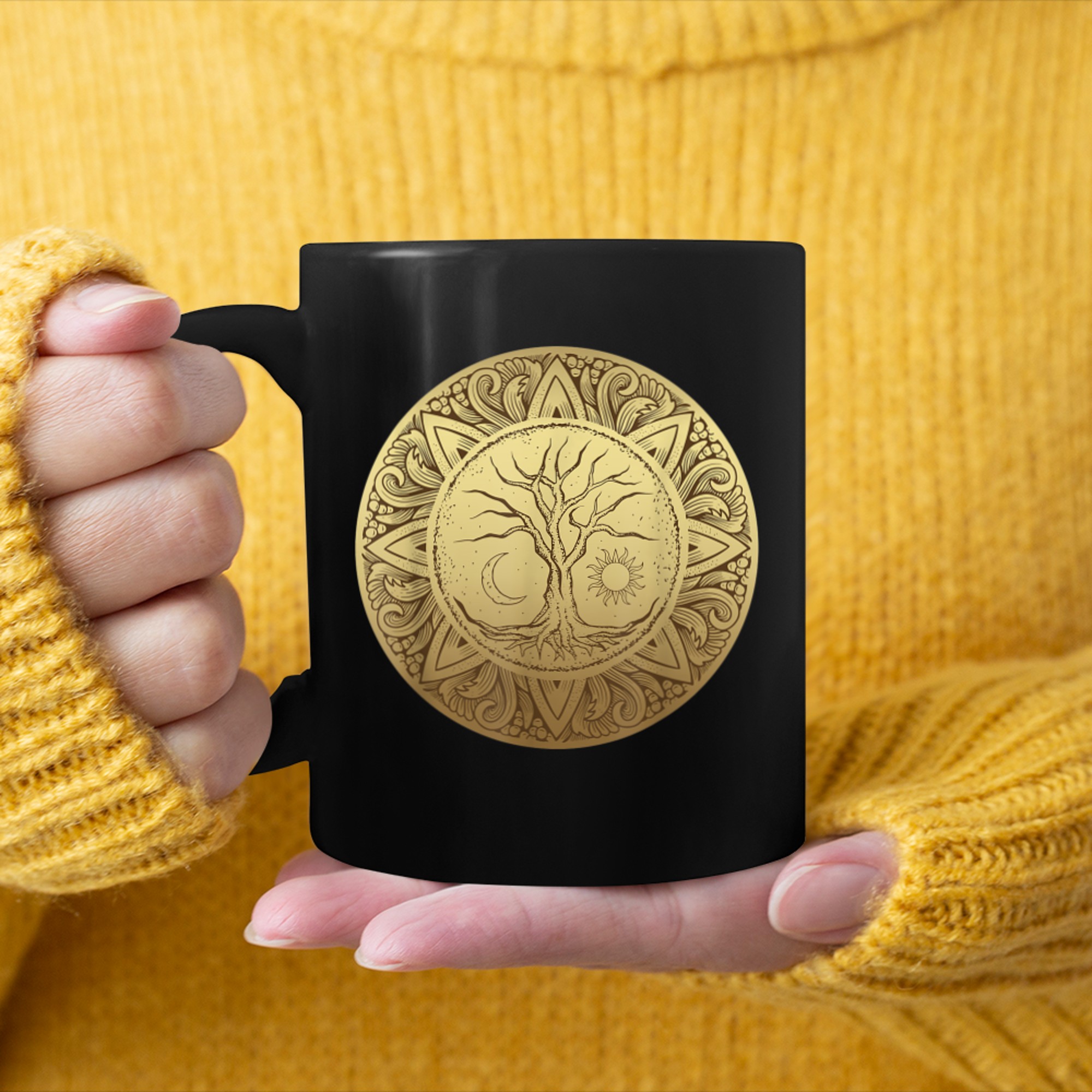 Gold Tree of Life Medallion Tarot Reader Wicca Astrology mug black