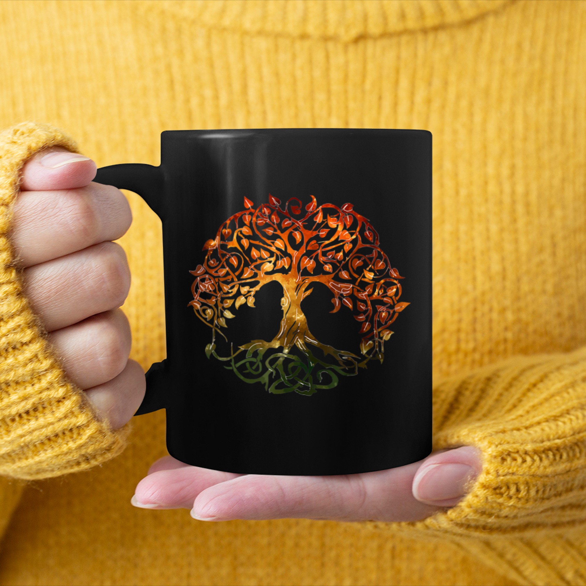 golden Tree Of Life, Yggdrasil, Viking Celtic Norse Myths mug black