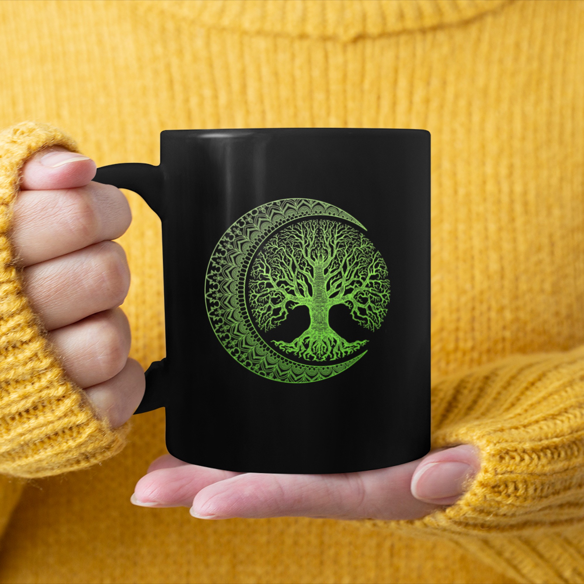 Green Tree of Life Cresent Moon Phases Mandala Yoga mug black