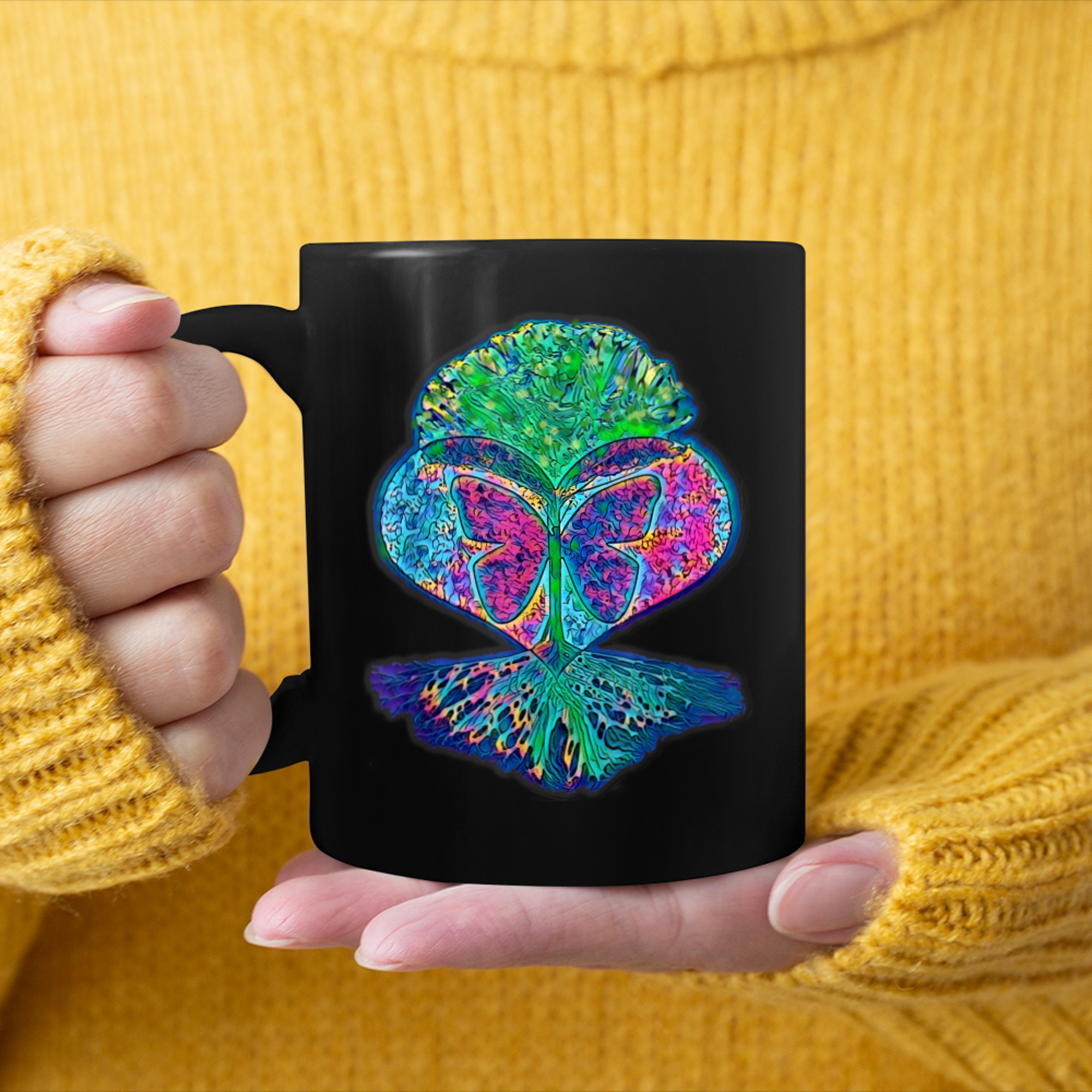 Heart, Tree of Life and Butterfly mug black