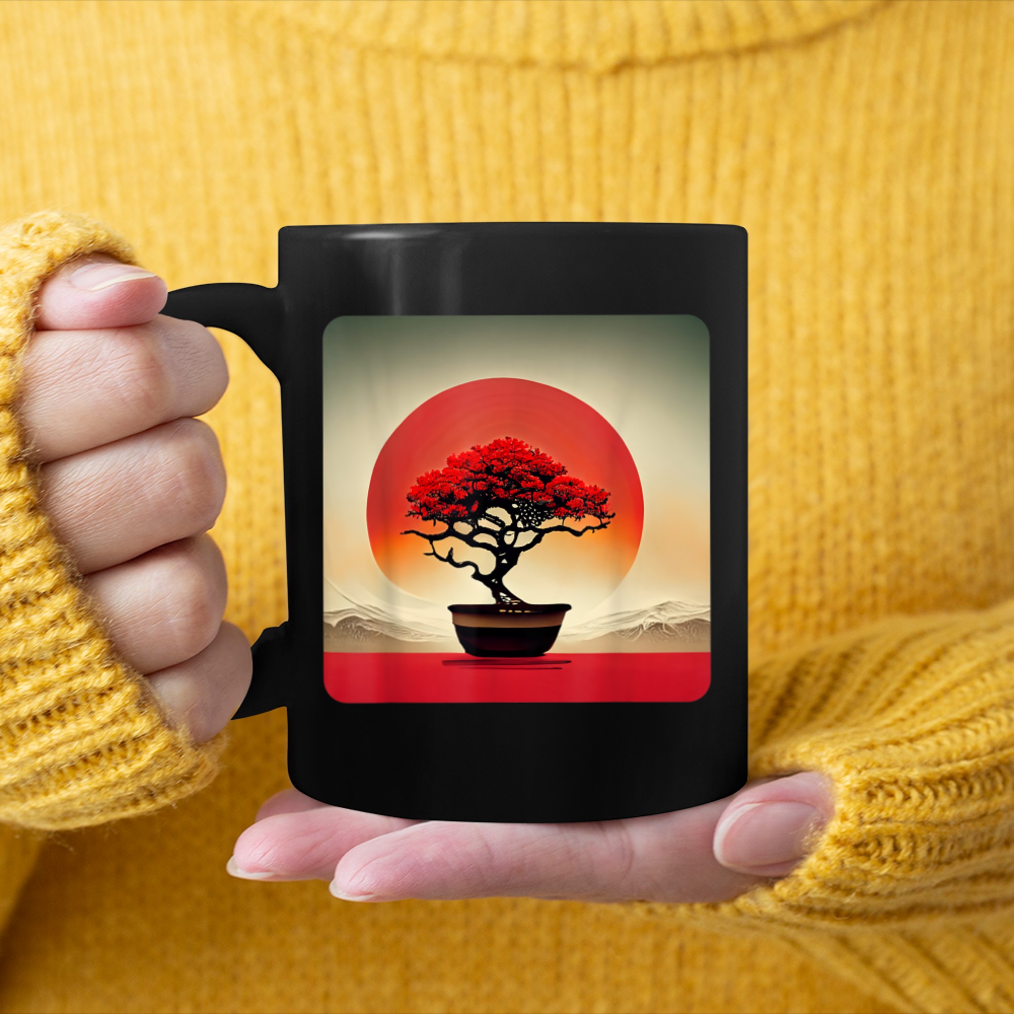 Japanese Bonsai Tree Of Life With Sunset Background mug black