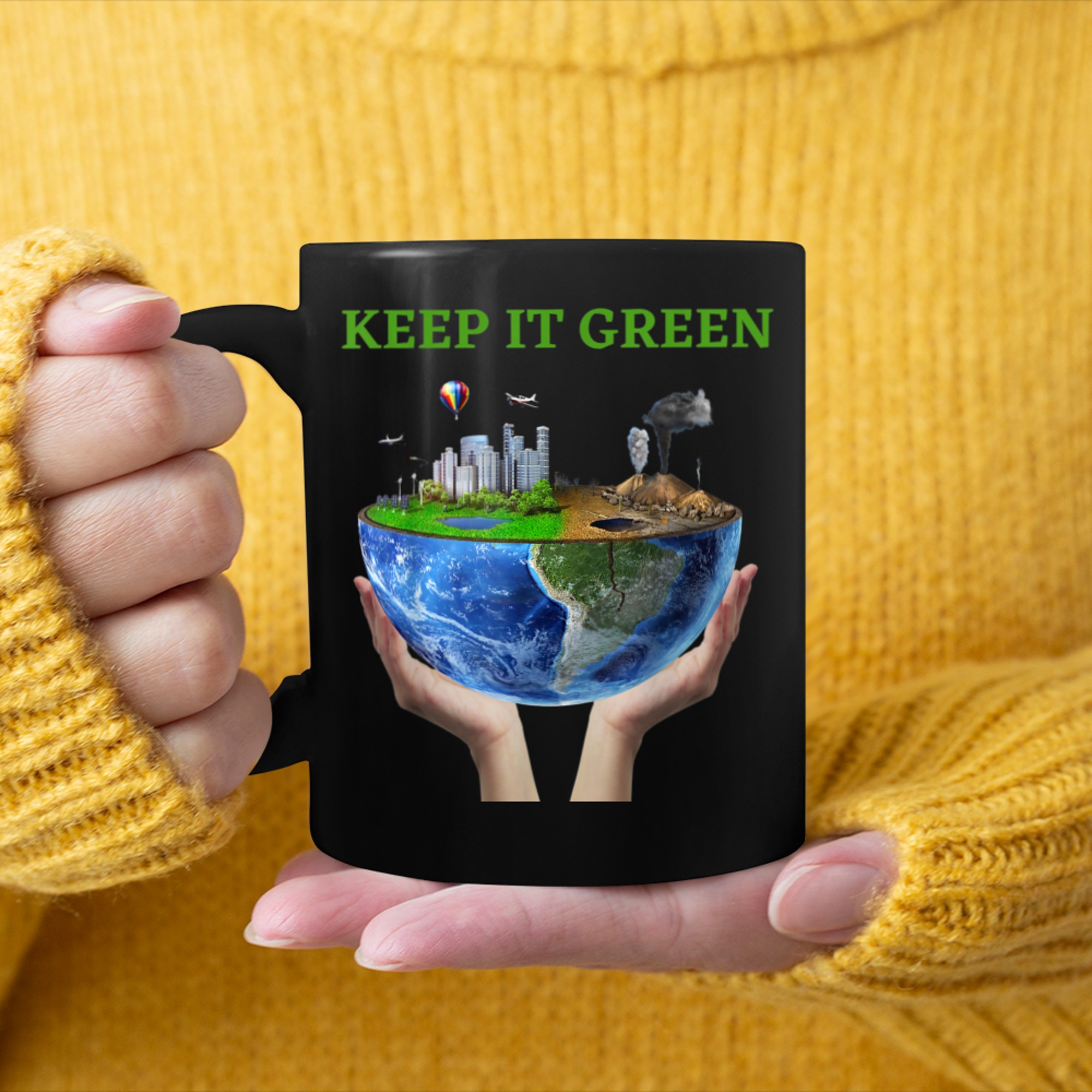 KEEPING IT GREEN World Earth Day Green ECO planet and tree mug black