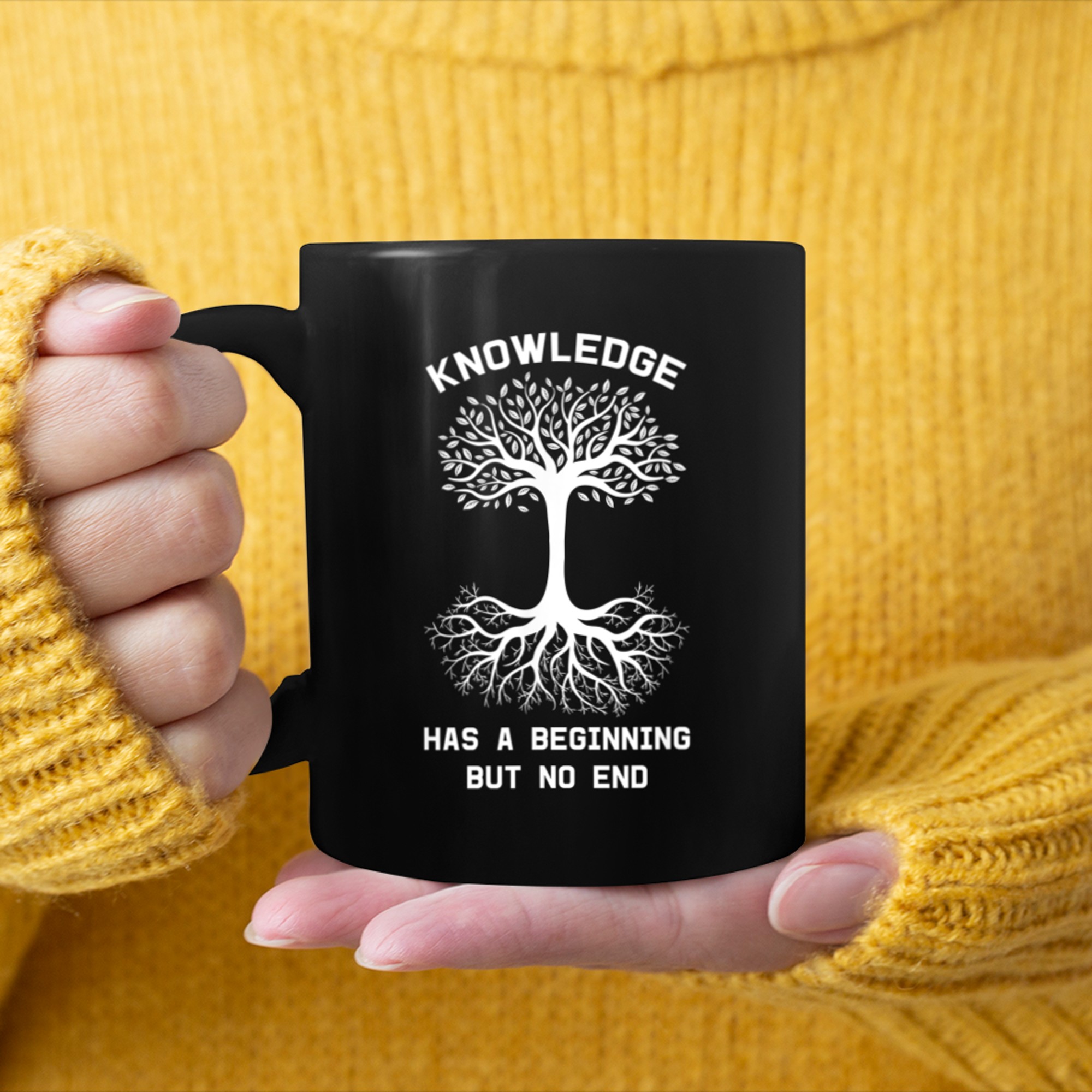 Knowledge Has A Beginning But No End Tree Of Life mug black