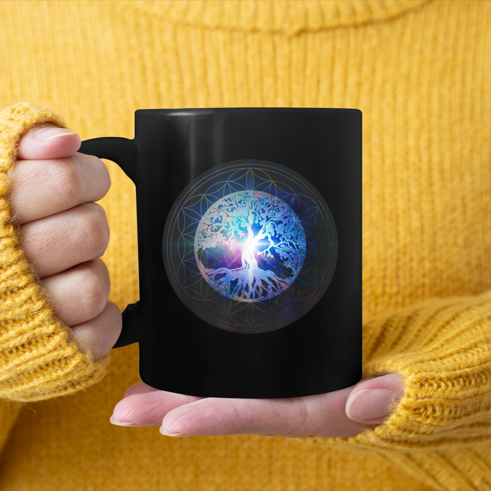 Luminous Tree of Life Mandala mug black