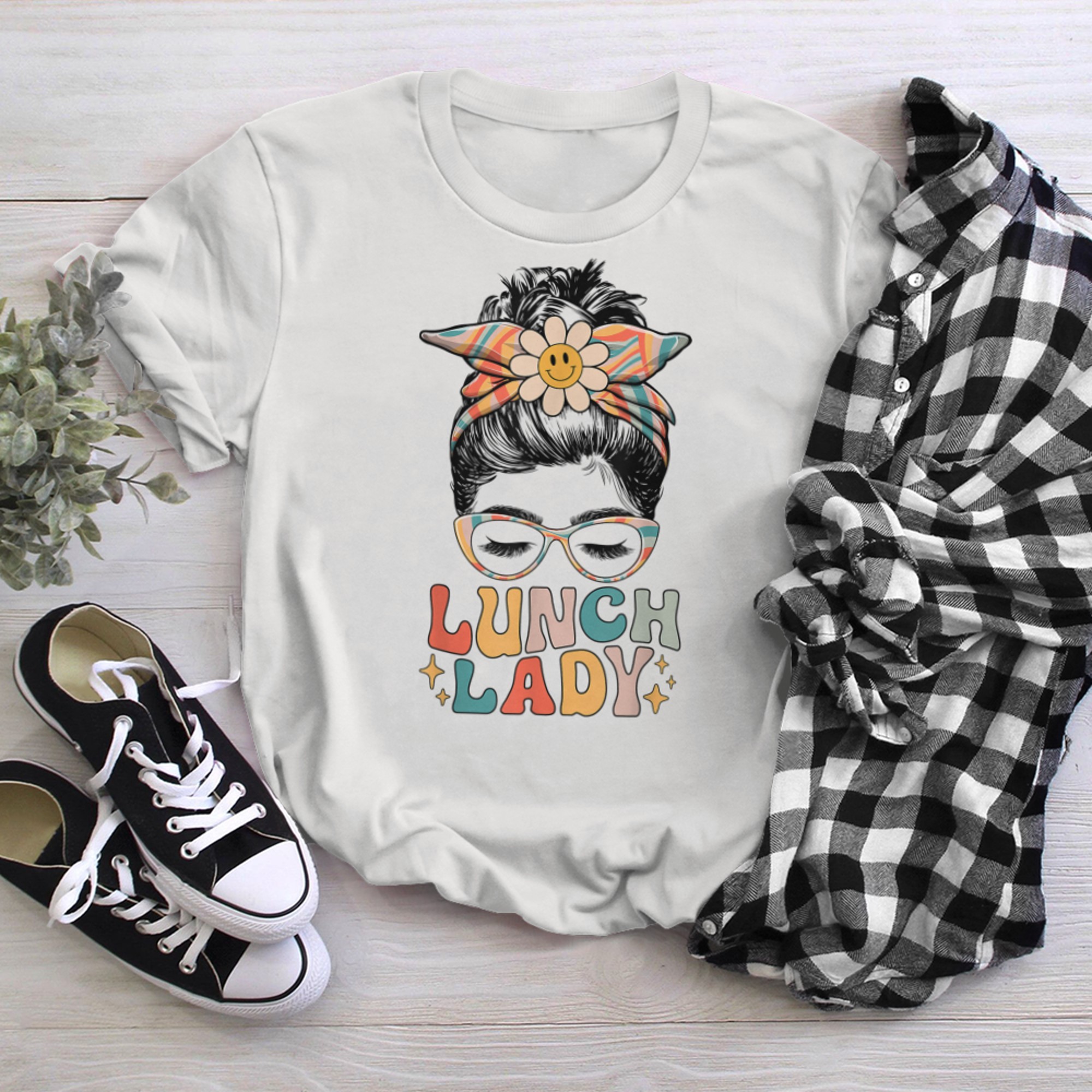 Lunch Lady Messy Bun Retro Lunch Ladies Squad Cafeteria Crew t-shirt White