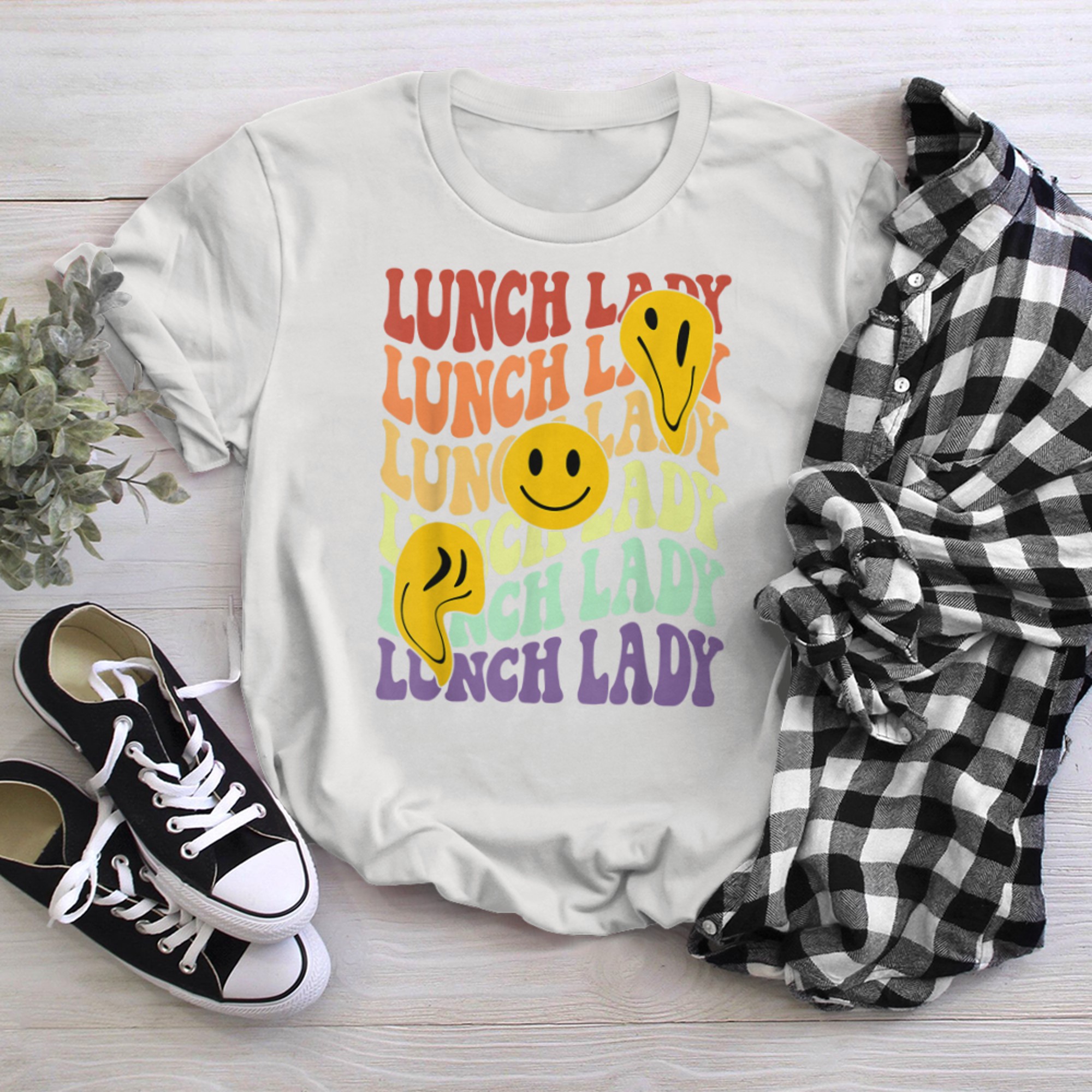 lunch lady retro smile face back to school Cafeteria crew (3) t-shirt White