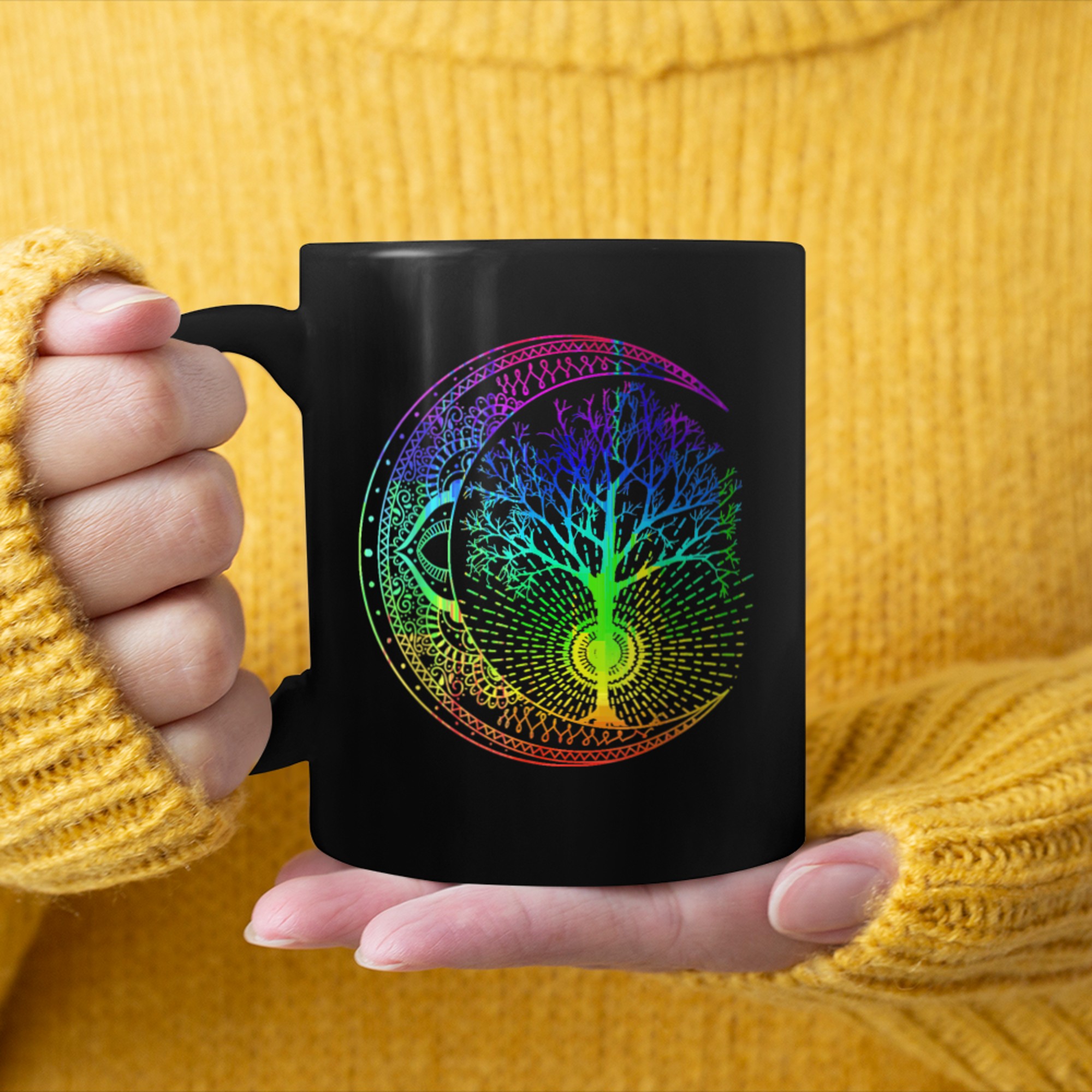 Mandala Moon Tree of Life Chakra mug black