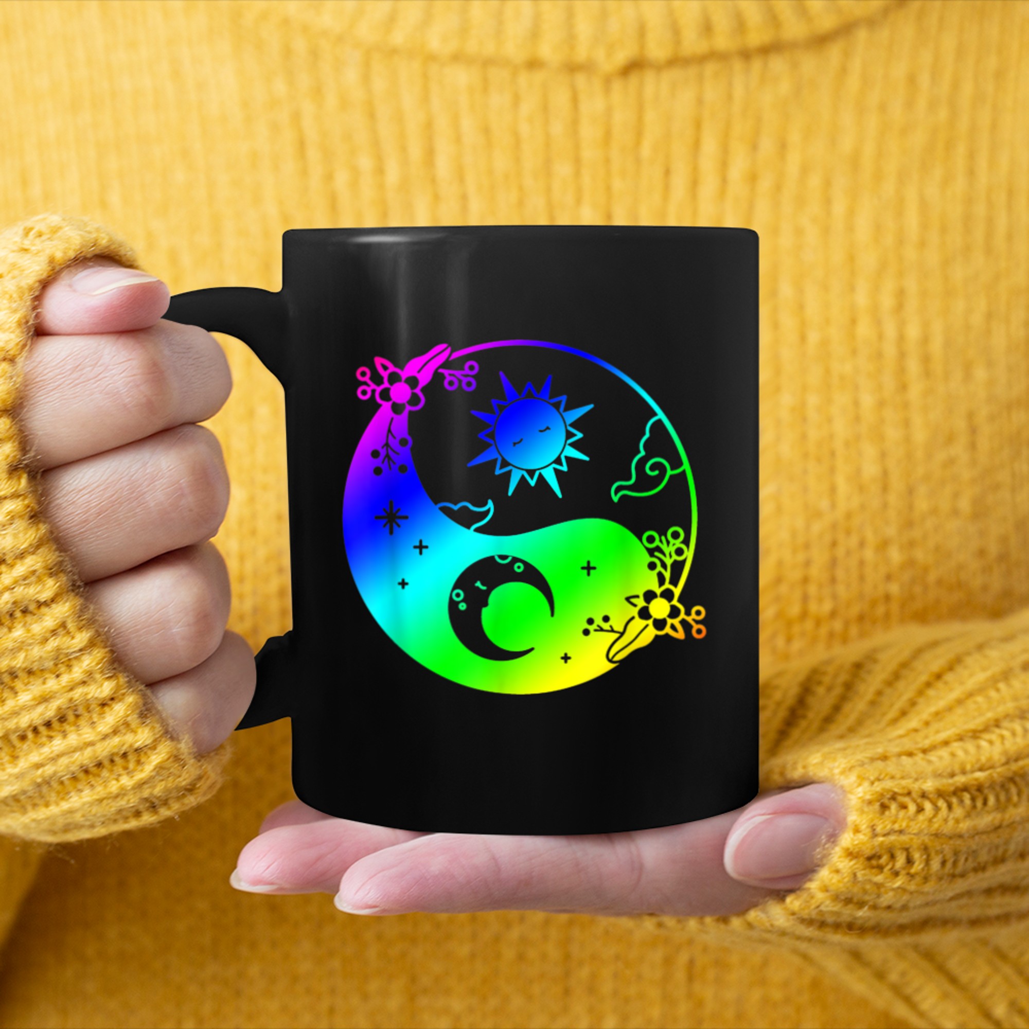 Moon And Sun Om Tree Of Life Buddhist Mandala Yin And Yang (11) mug black