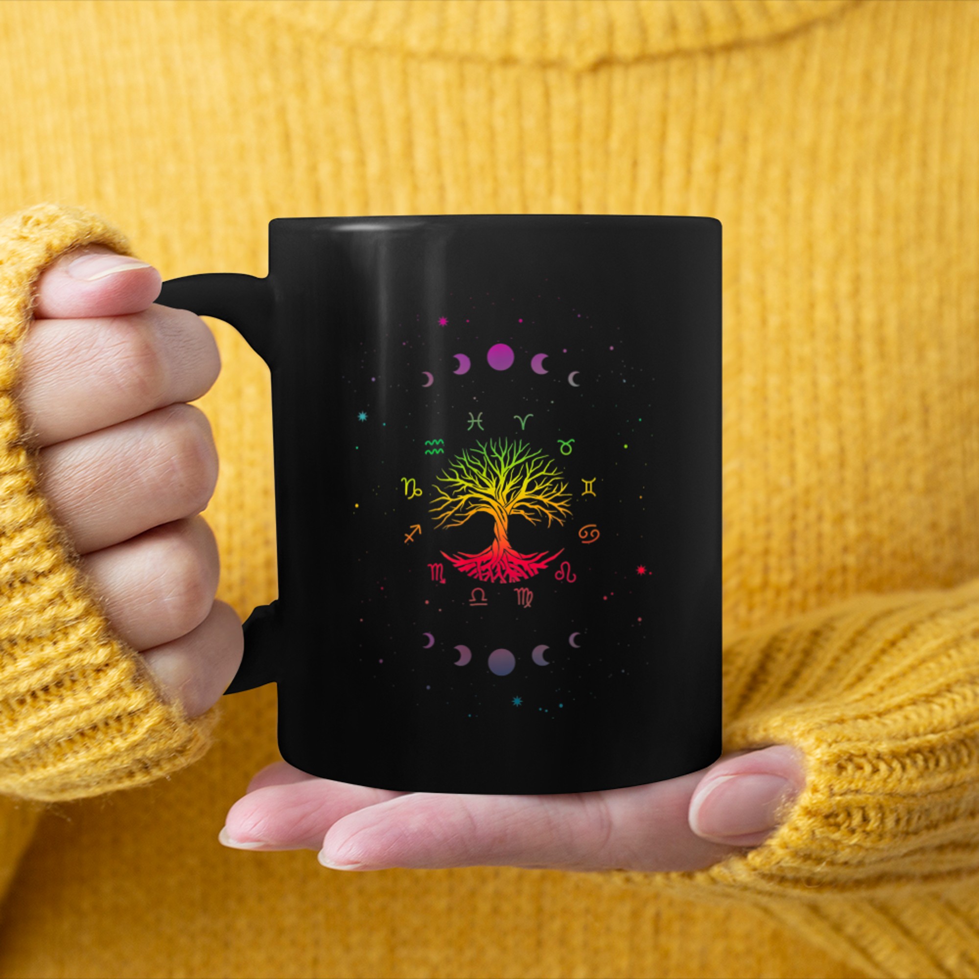 Moon Phase Tree Of Life And Zodiac Sign Symbolism and Greek mug black