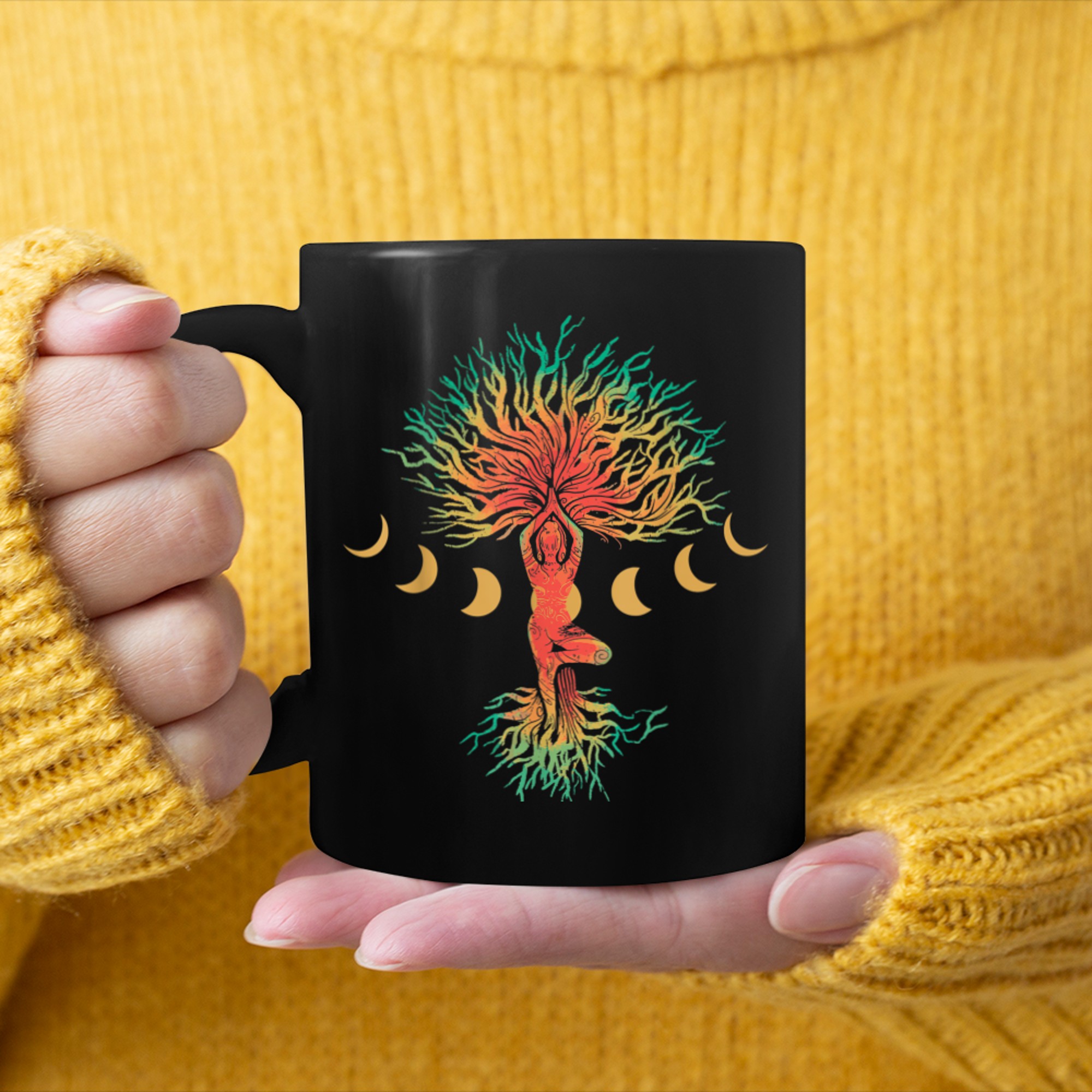 Moon Phases and Yoga Tree-of-Life roots Chakra mug black