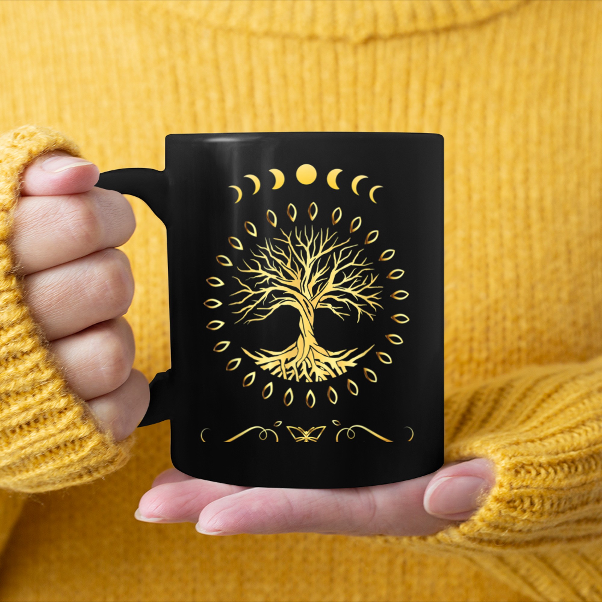 Moon Phases Tree of Mystical Life Yoga Meditation (2) mug black