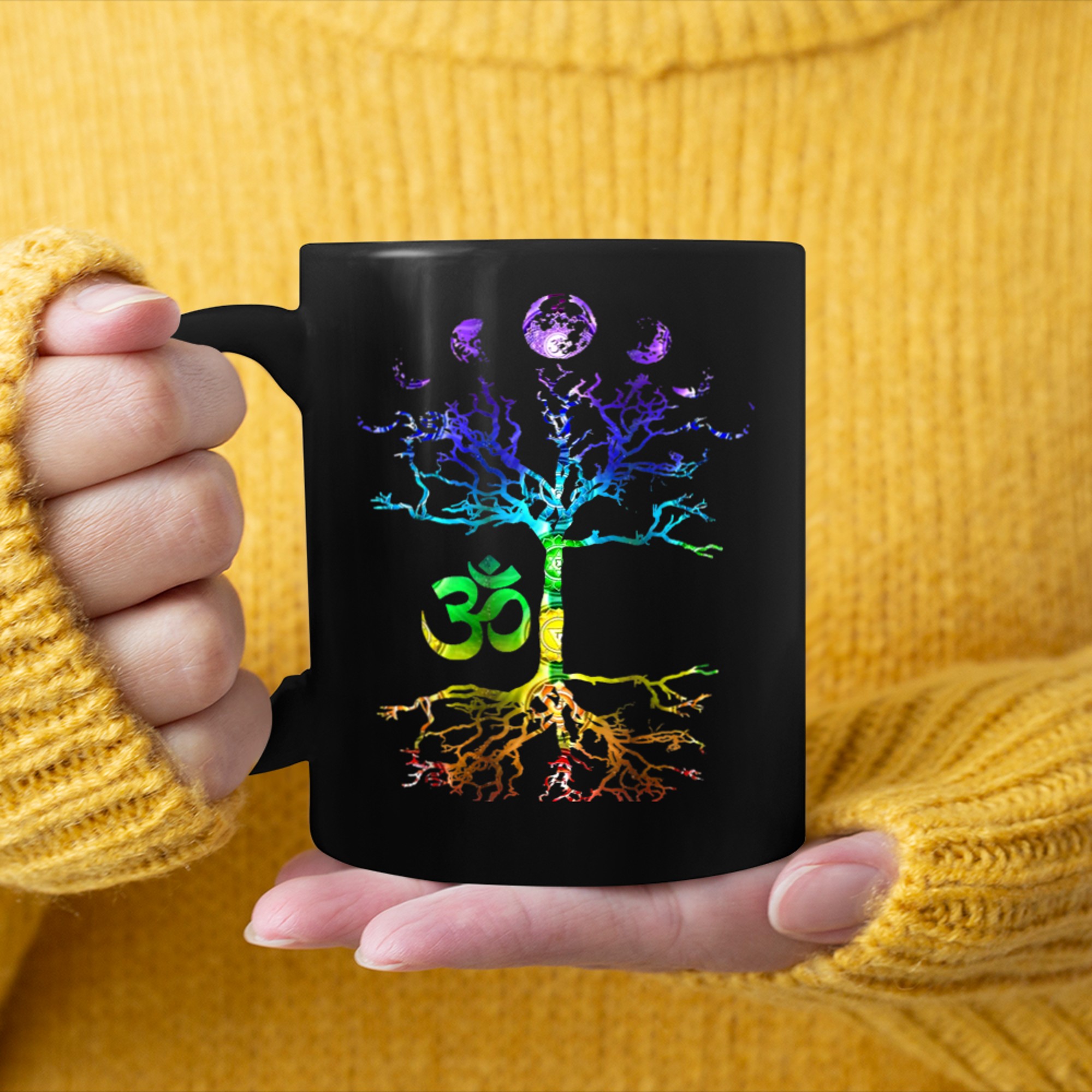 Moon Tree of Life Phase Om Chakra mug black