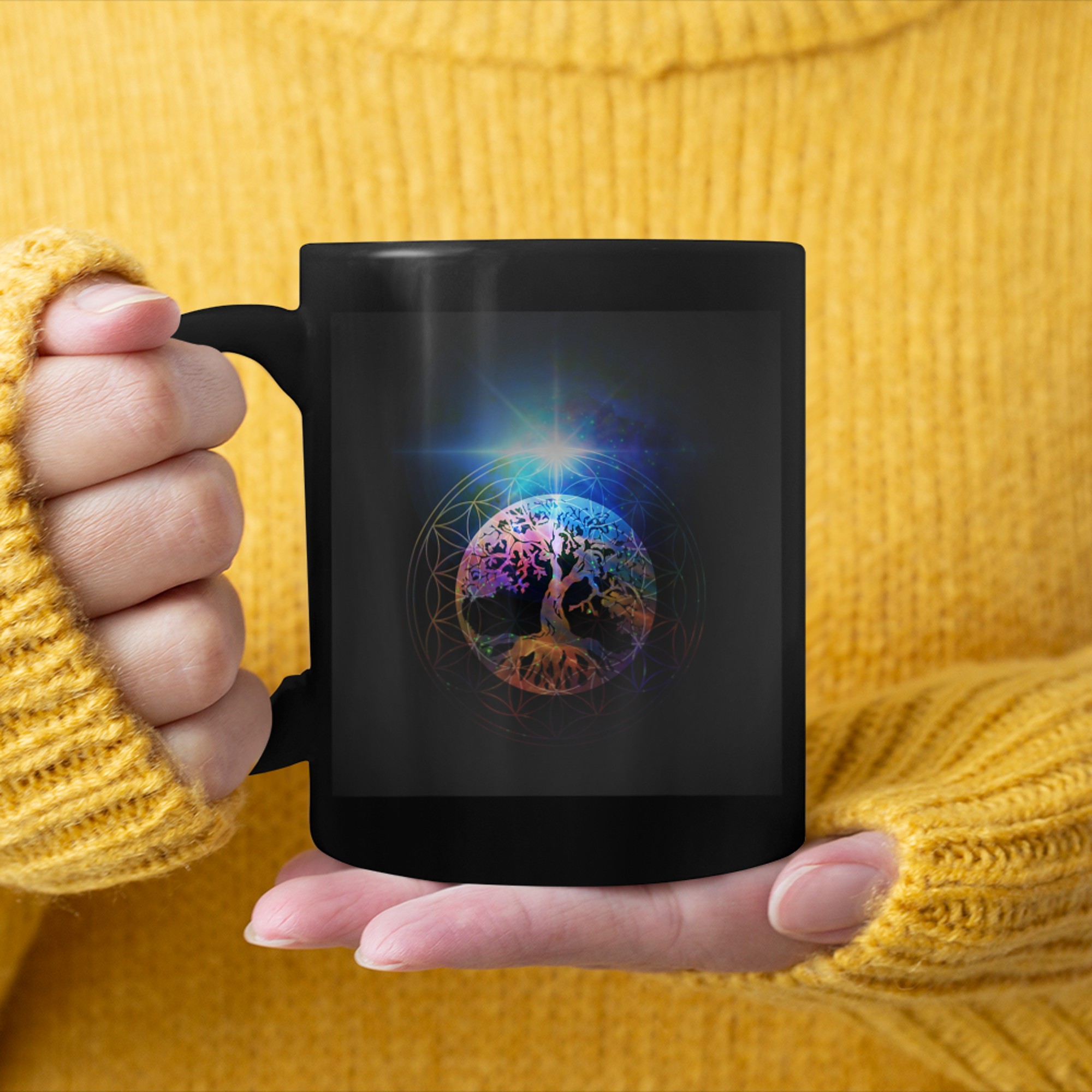 Multi-color Tree of Life Mandala mug black