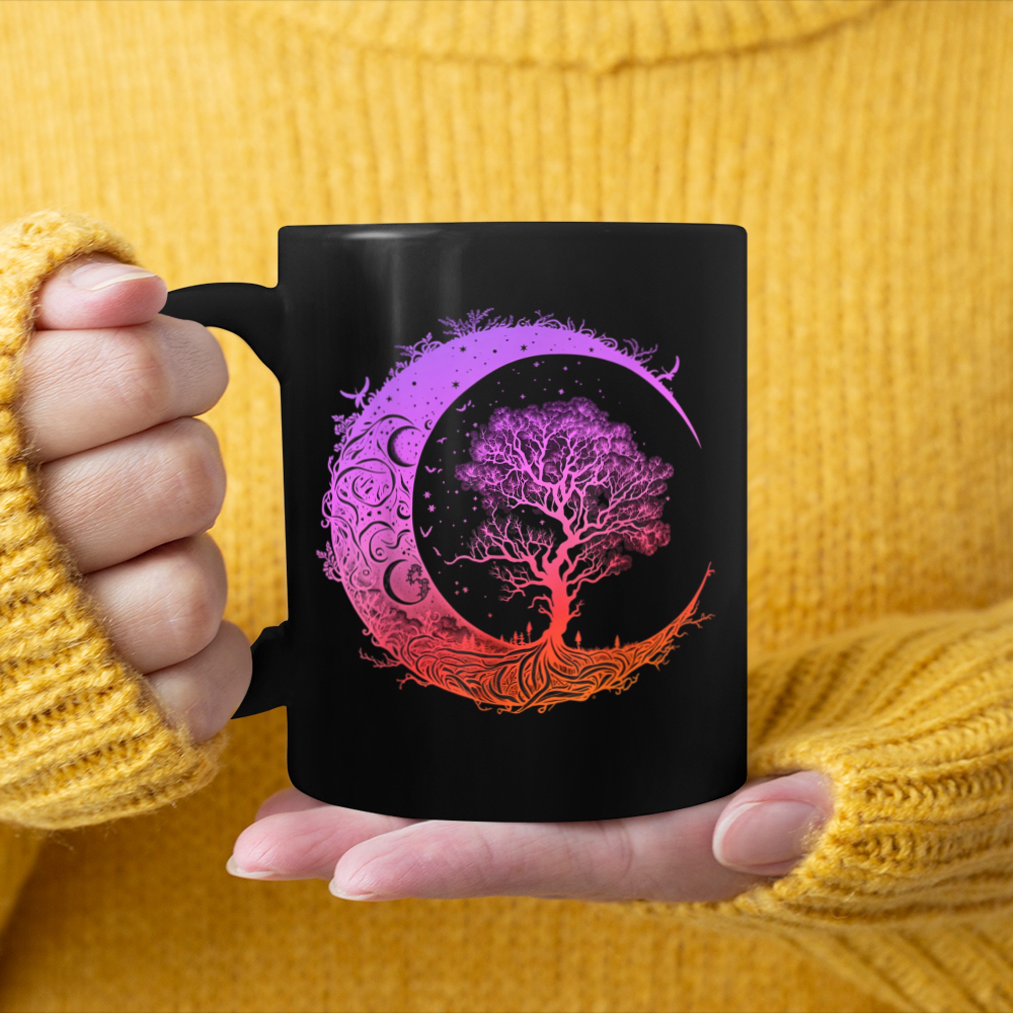 Mystic Tree of Life Crescent Moon Phases Mandala Chakra Yoga mug black