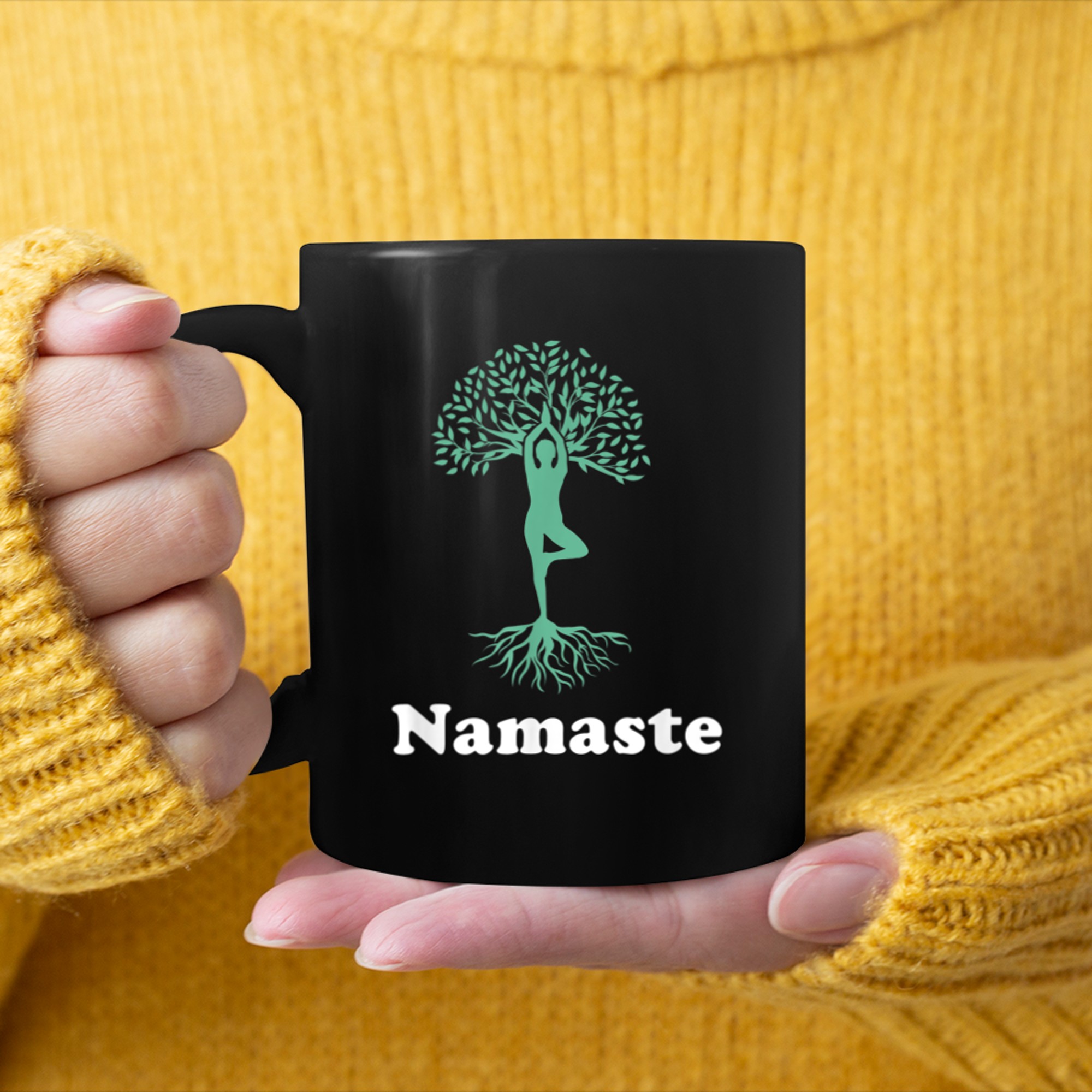 Namaste Yoga Tree of Life New Age Meditation Reiki Green mug black