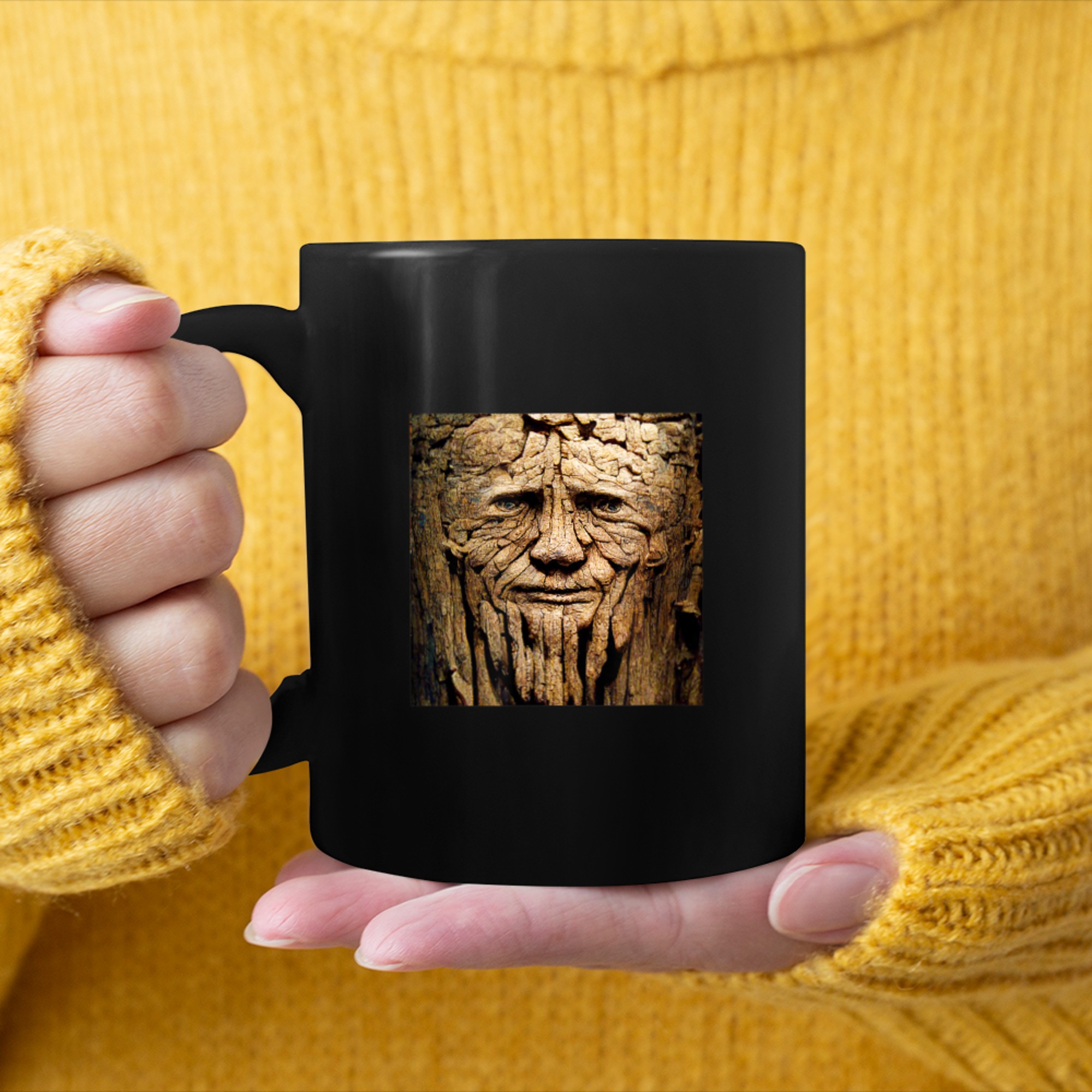 Old Tree Wood Carving Old Man Tree of Life mug black