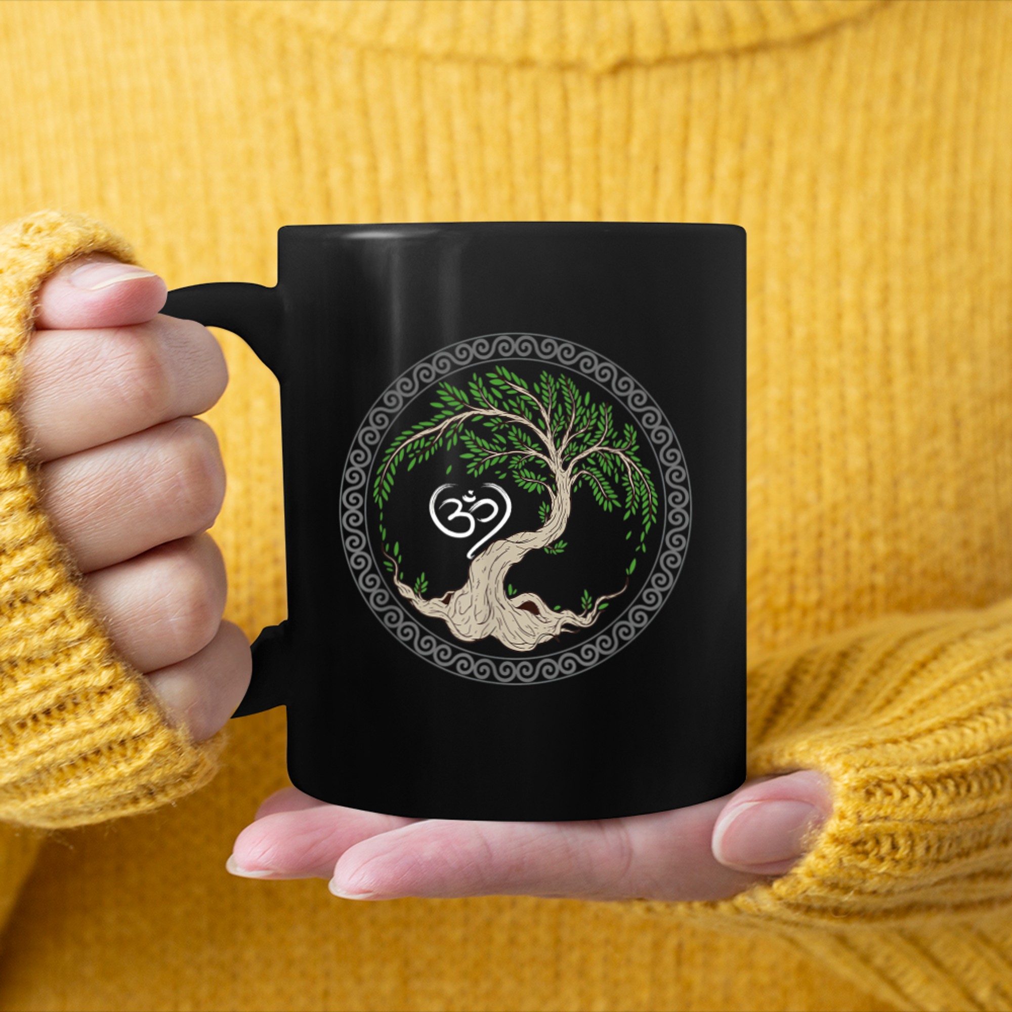 Om Sanskrit Spiritual Tree of Life Mandala mug black