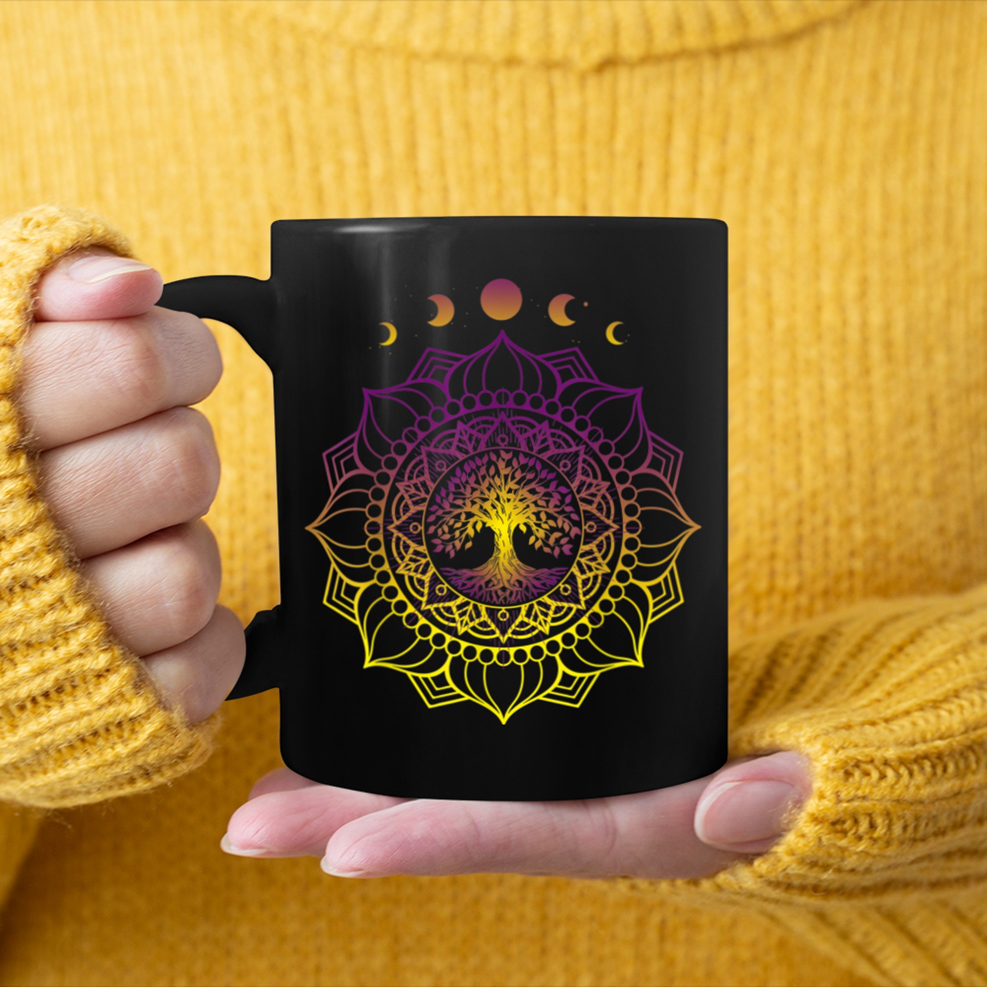 Phases of the Moon Tree of Life Mystical Zen Yoga Meditation (7) mug black