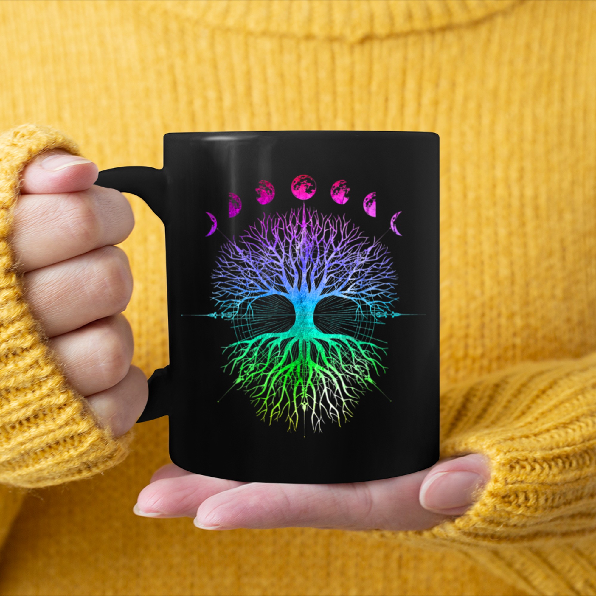 Phases of the Moon Tree of Life Mystical Zen Yoga Meditation (9) mug black