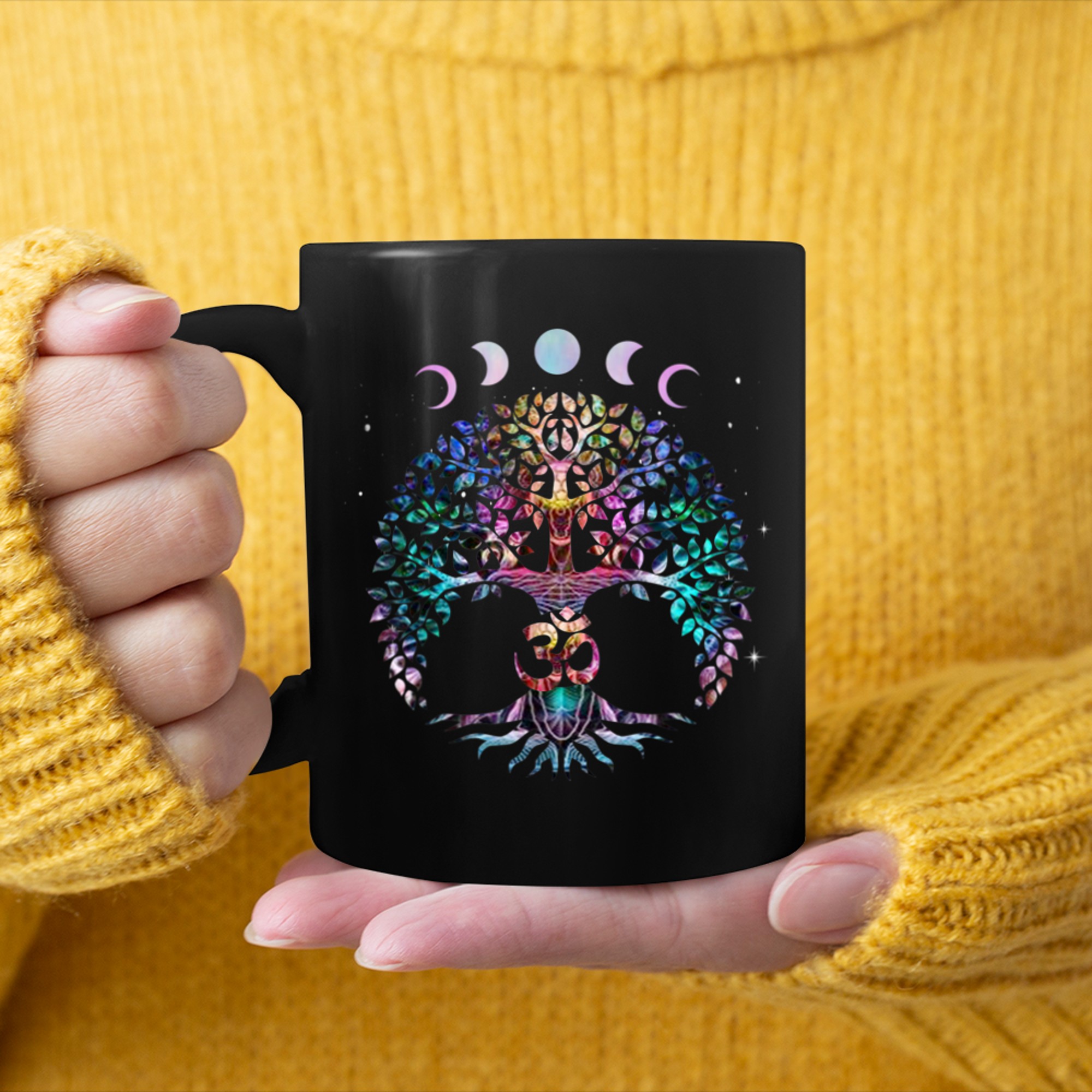 Phases of the Moon Tree of Life Om Chakra (2) mug black