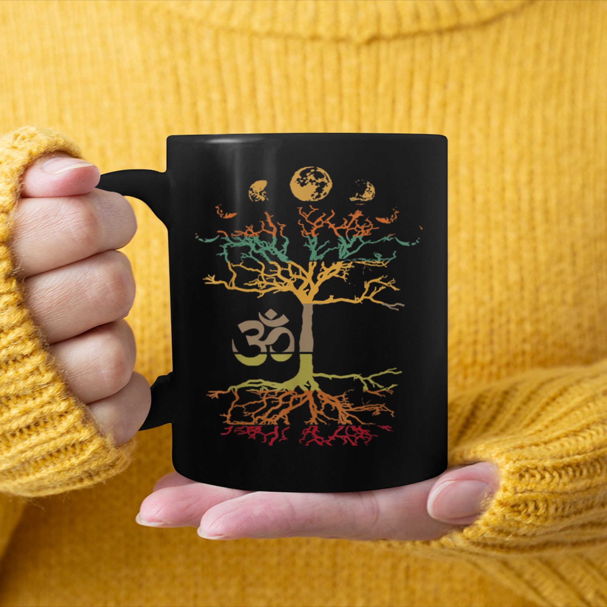 Phases of the Moon Tree of Life Vintage Retro Om Mindfulness mug black